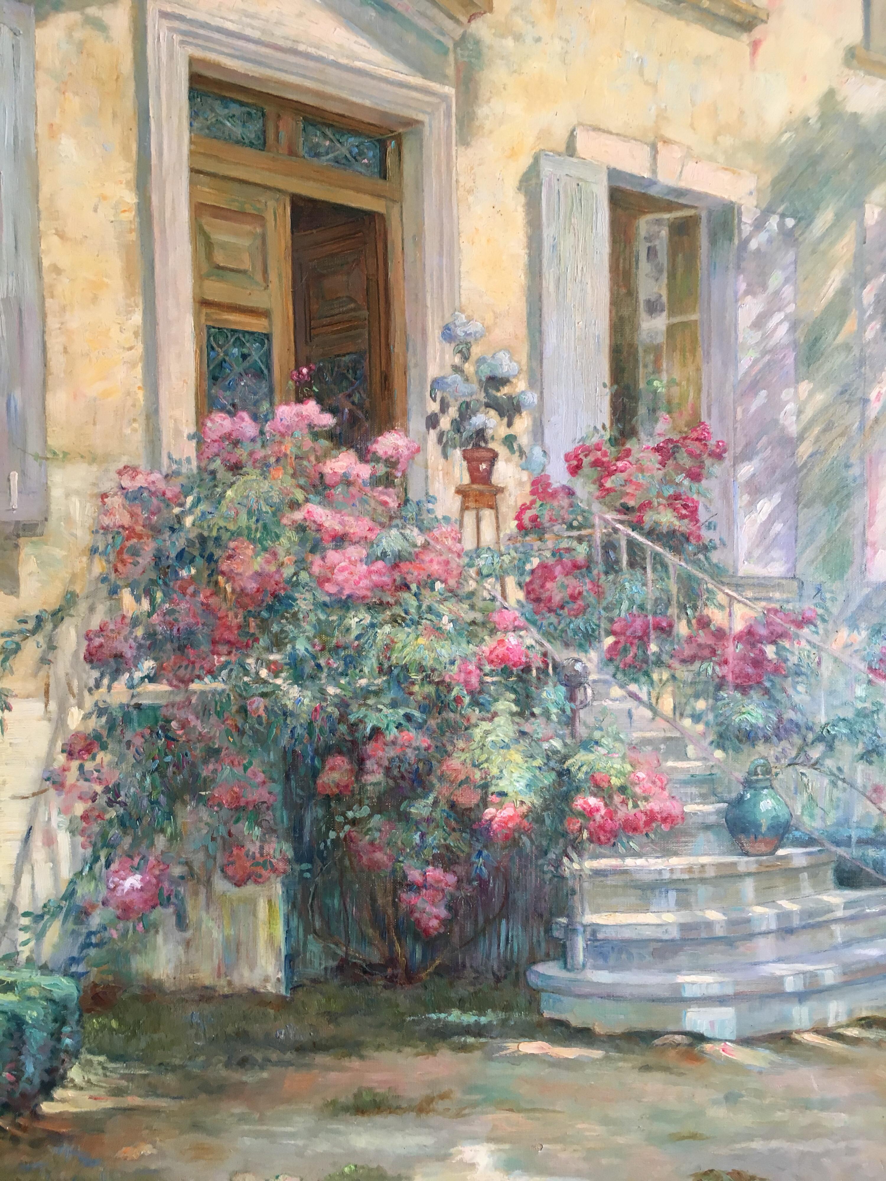 French Front Doorway, Impressionist Oil Painting, Signed  - Gray Still-Life Painting by Jean Galland