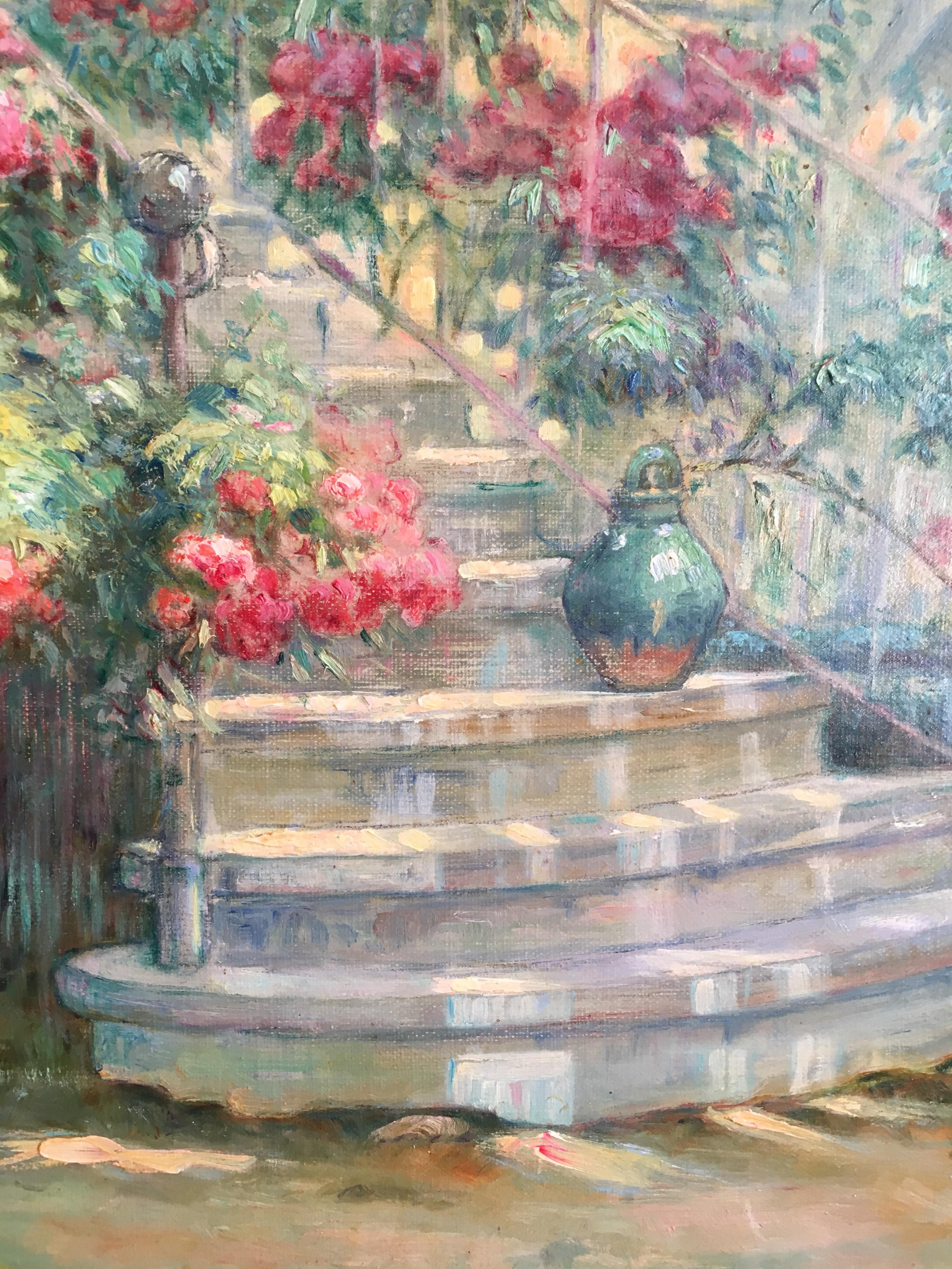 Les marches du jardin 
Par Jean Galland (Français:: 1880-1958) 
Signé et daté « 1923 » par l'artiste dans le coin inférieur droit de la main droite 
Peinture à l'huile sur toile encadrée 
Taille du cadre : 37 x 30::5 pouces 
Elle a exposé à Lyon