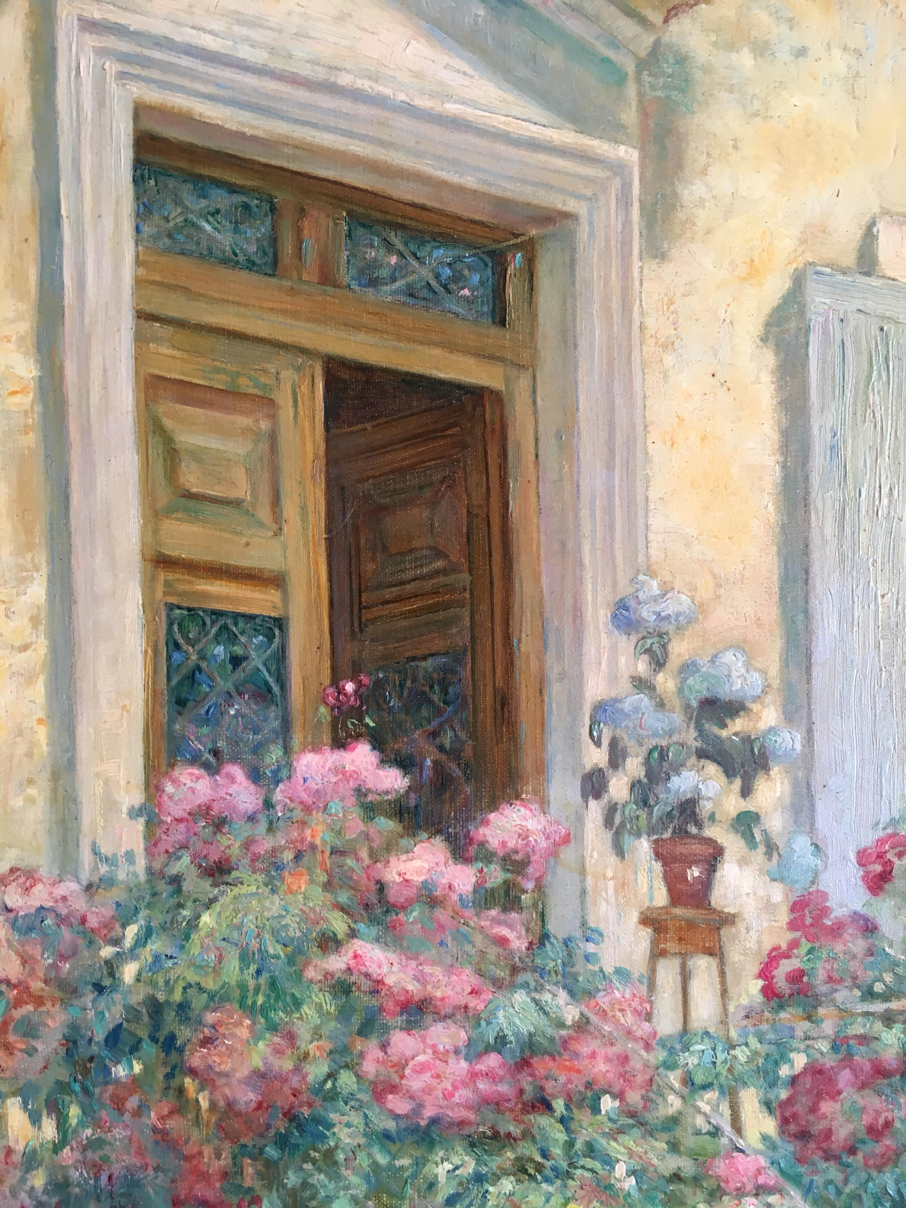 French Front Doorway, Impressionist Oil Painting, Signed  1