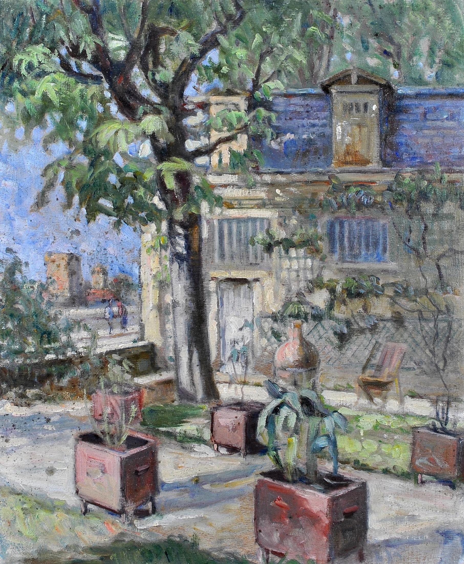 A beautiful c.1950 French impressionist oil on panel depicting the what is believed to be the artist's garden in Vienne, with the Tour Sainte Colombe in the background, by Jean Galland. The work is very atmospheric and well painted. Unframed - a