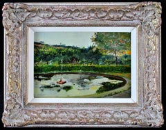 Pond with a Fountain - French Impressionist South of France Antique Oil Painting