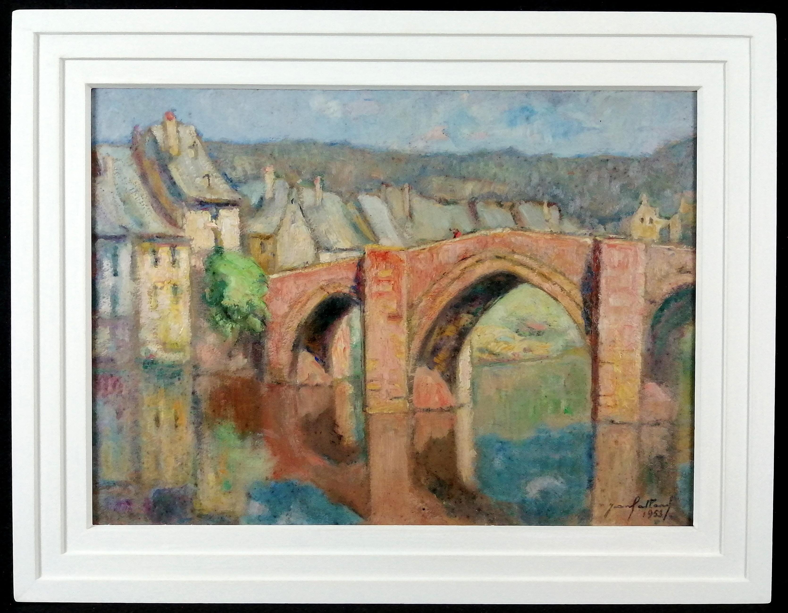 A beautiful signed and dated 1953 French impressionist oil on board depicting a bridge reflecting in a river, by Jean Galland. The work is very atmospheric and superbly painted. Signed lower right and presented in a stepped painted frame.

Likely to