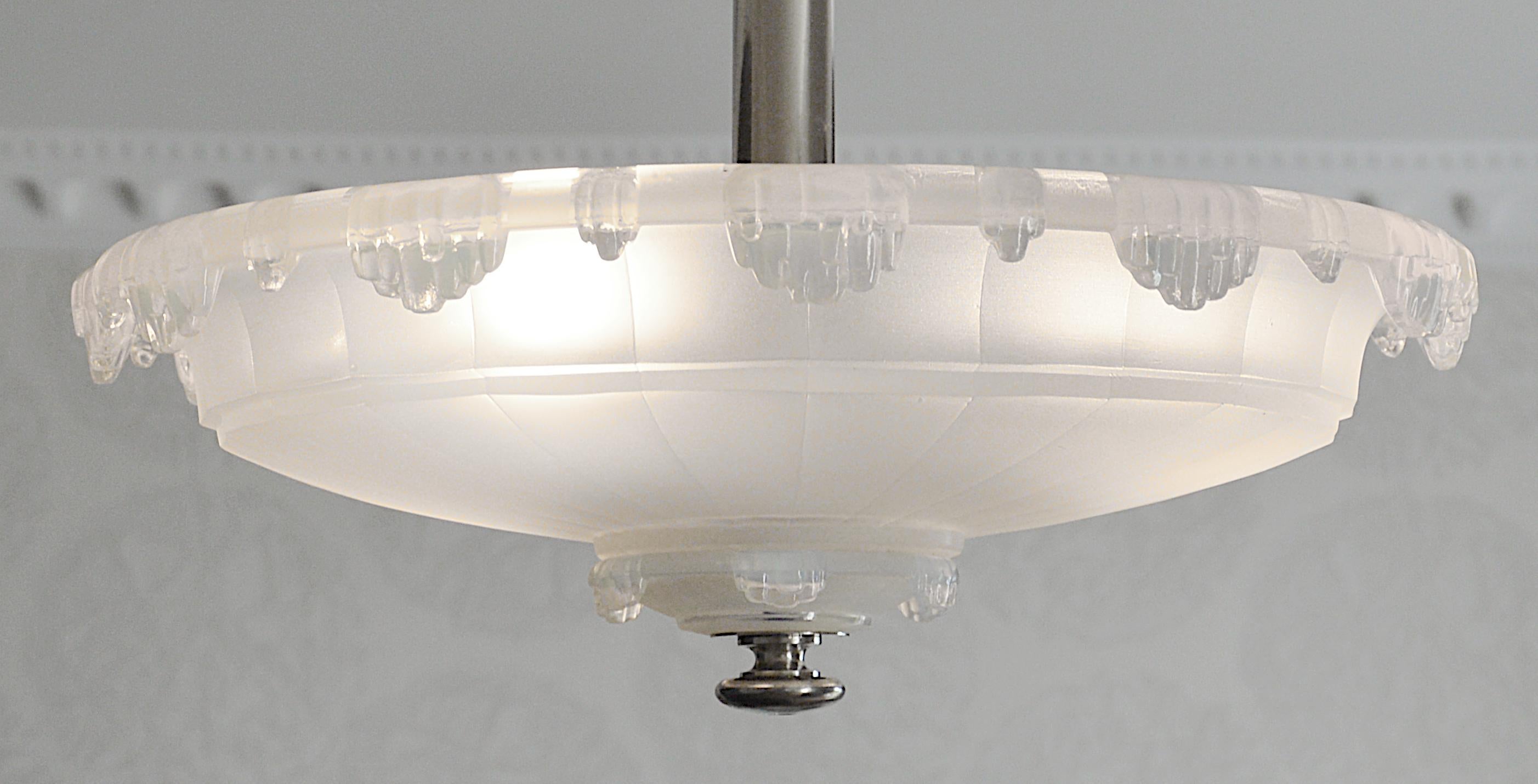 Metal Jean Gauthier Rare Art Deco Modernist Opalescent Pendant Chandelier, 1920 For Sale