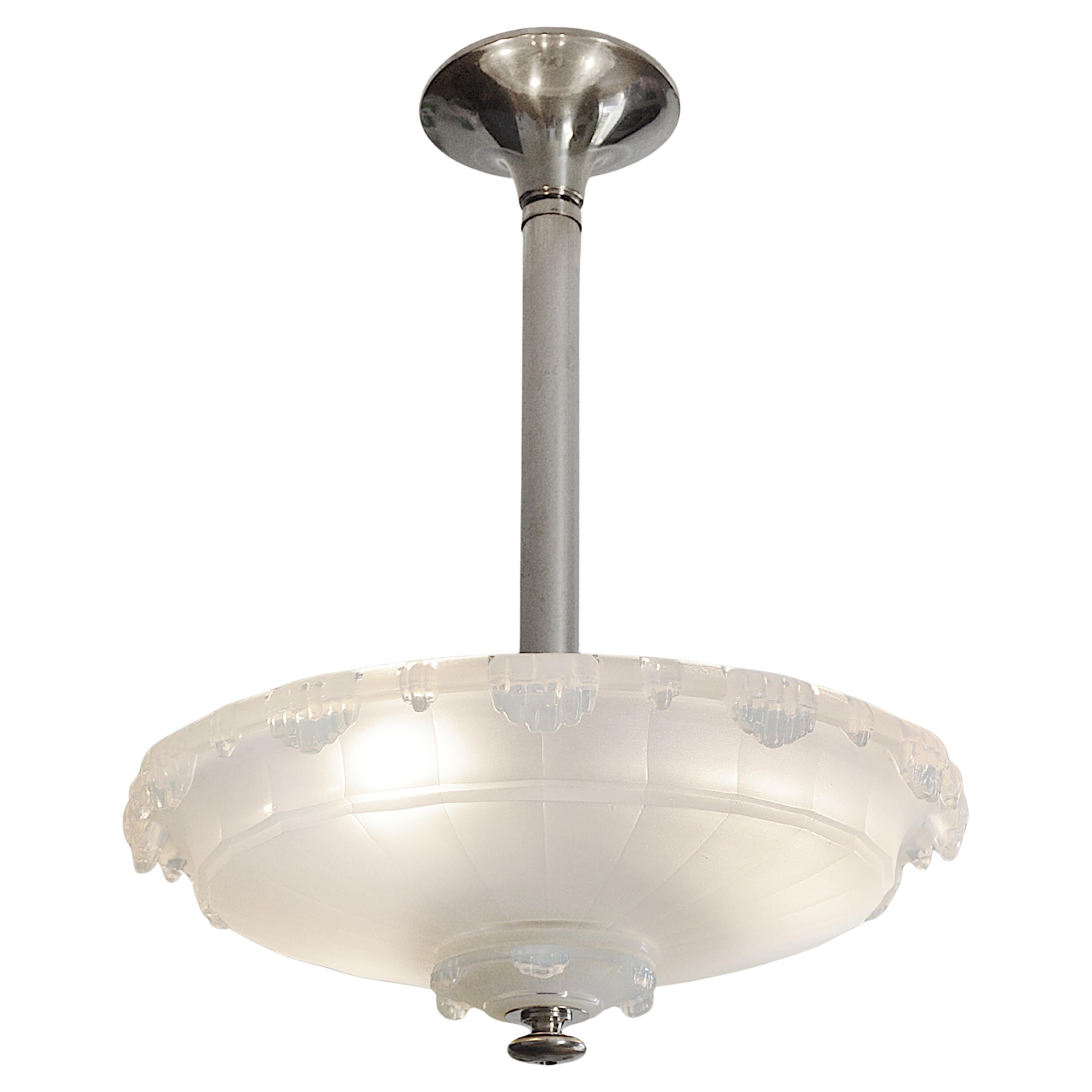 Jean Gauthier Rare Art Deco Modernist Opalescent Pendant Chandelier, 1920