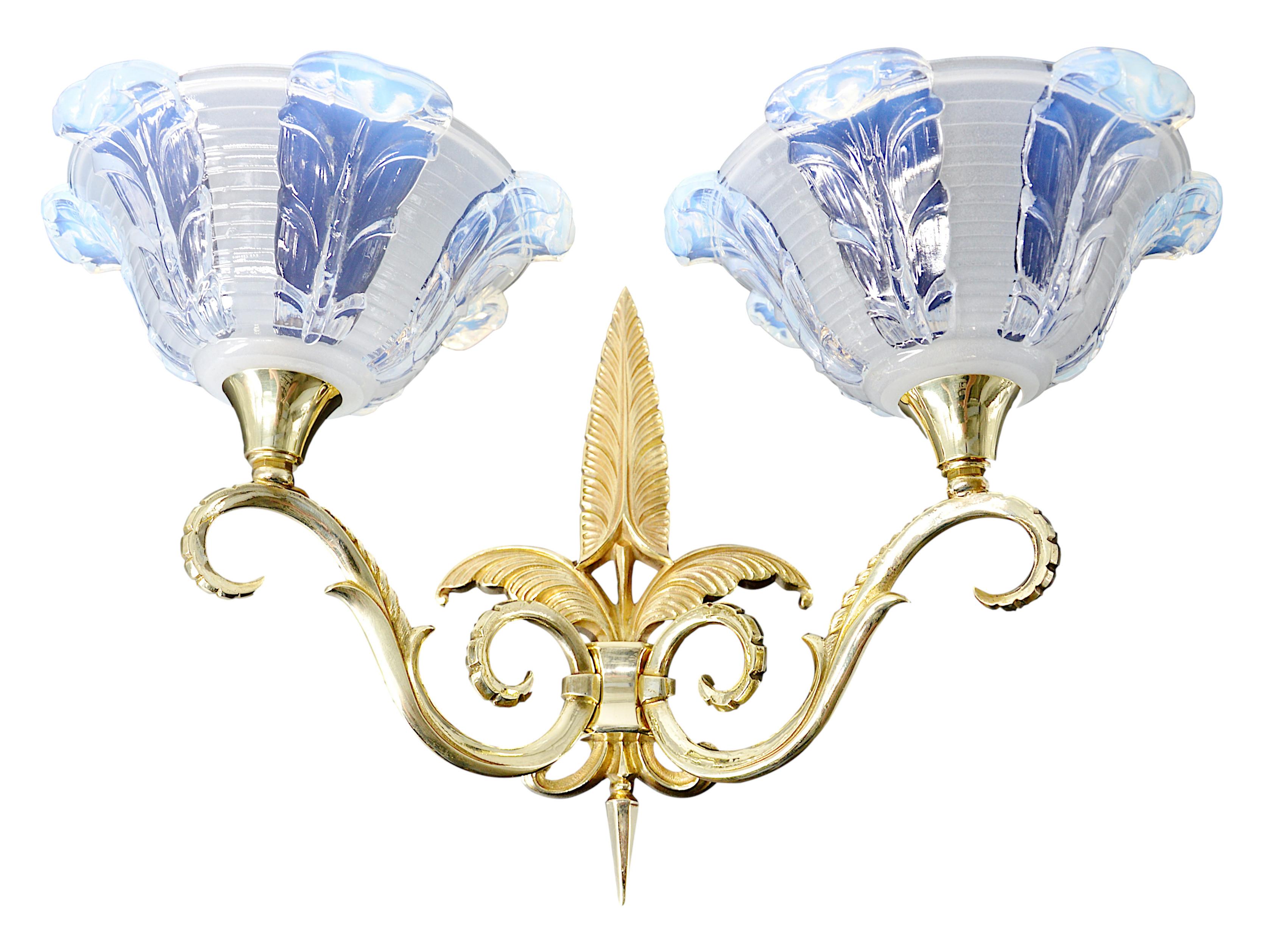 Brass Jean Gauthier French Art Deco Pair of Double Wall Sconces, 1920s For Sale