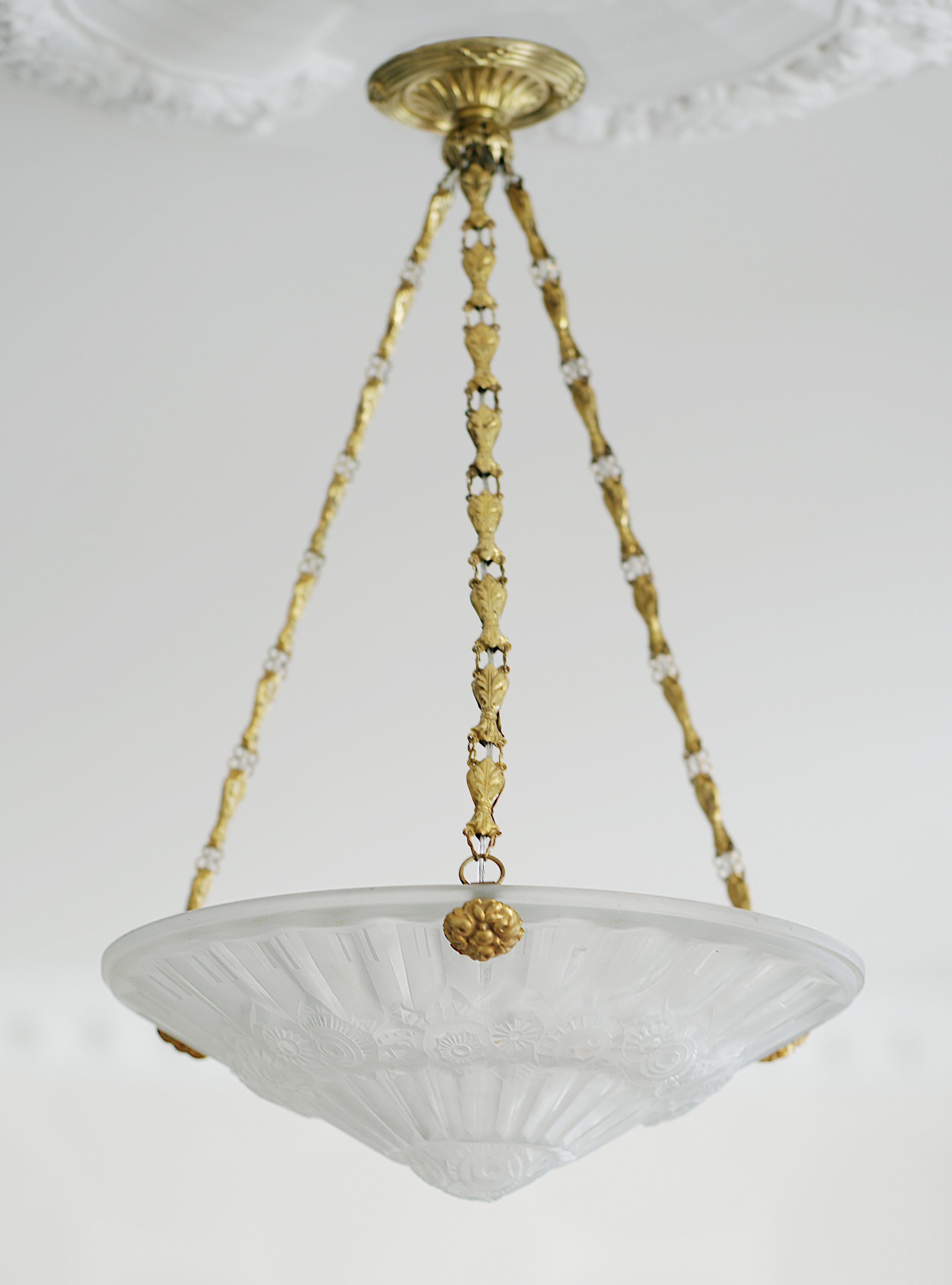 Brass Jean Gauthier French Art Deco Pendant Chandelier, Late 1920s For Sale