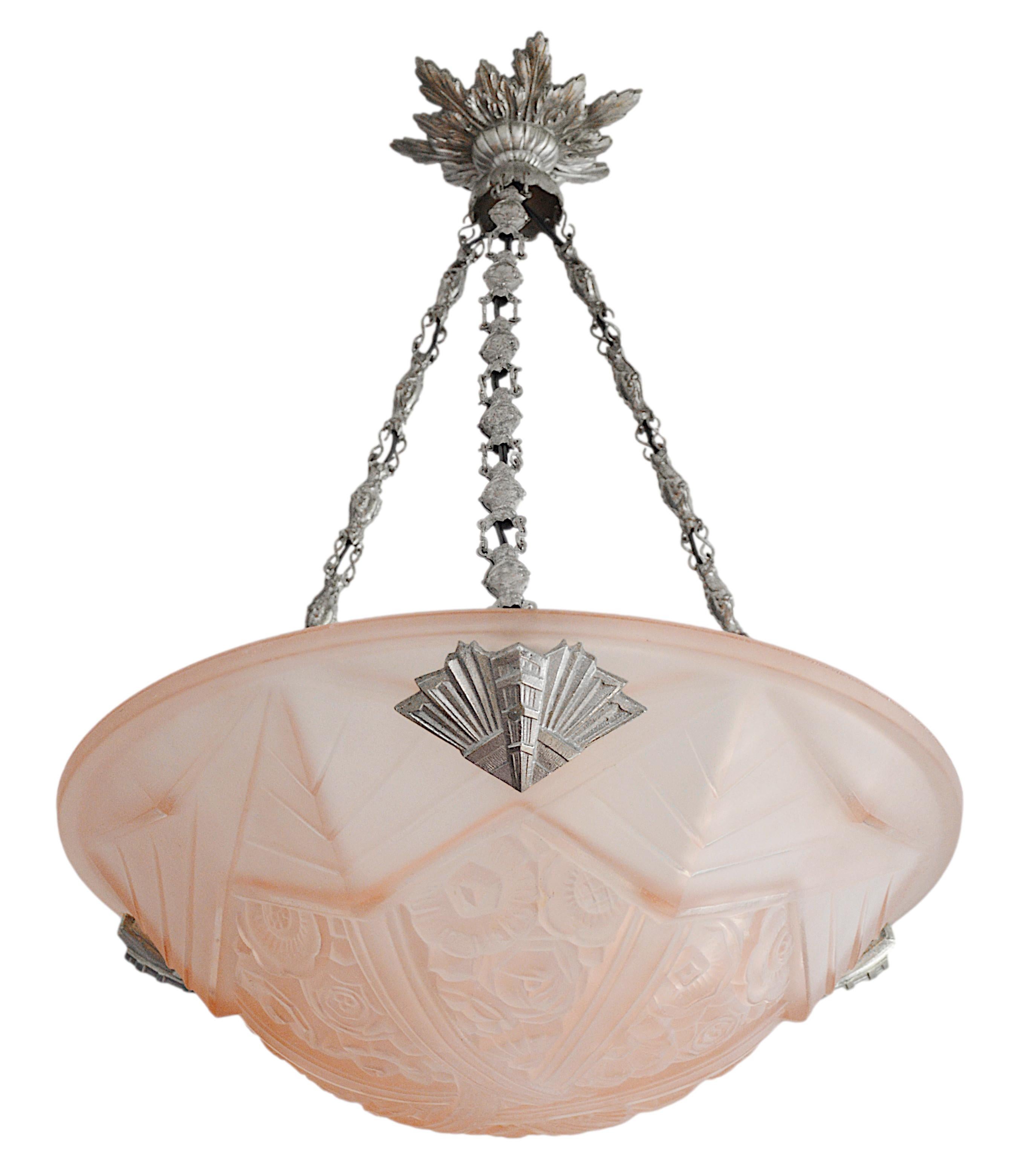Frosted Jean Gauthier Pink French Art Deco Floral Pendant Chandelier, 1920s