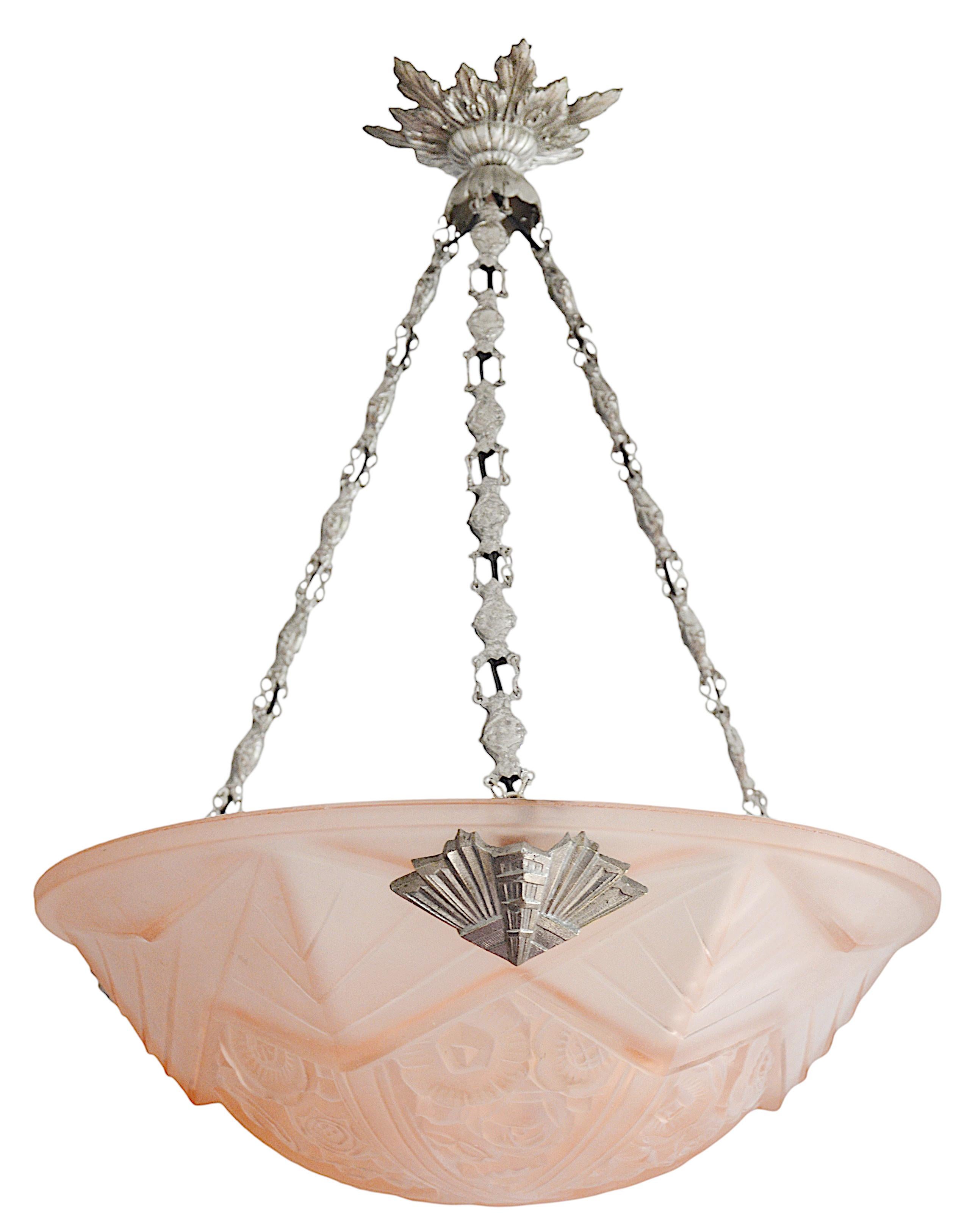 Early 20th Century Jean Gauthier Pink French Art Deco Floral Pendant Chandelier, 1920s