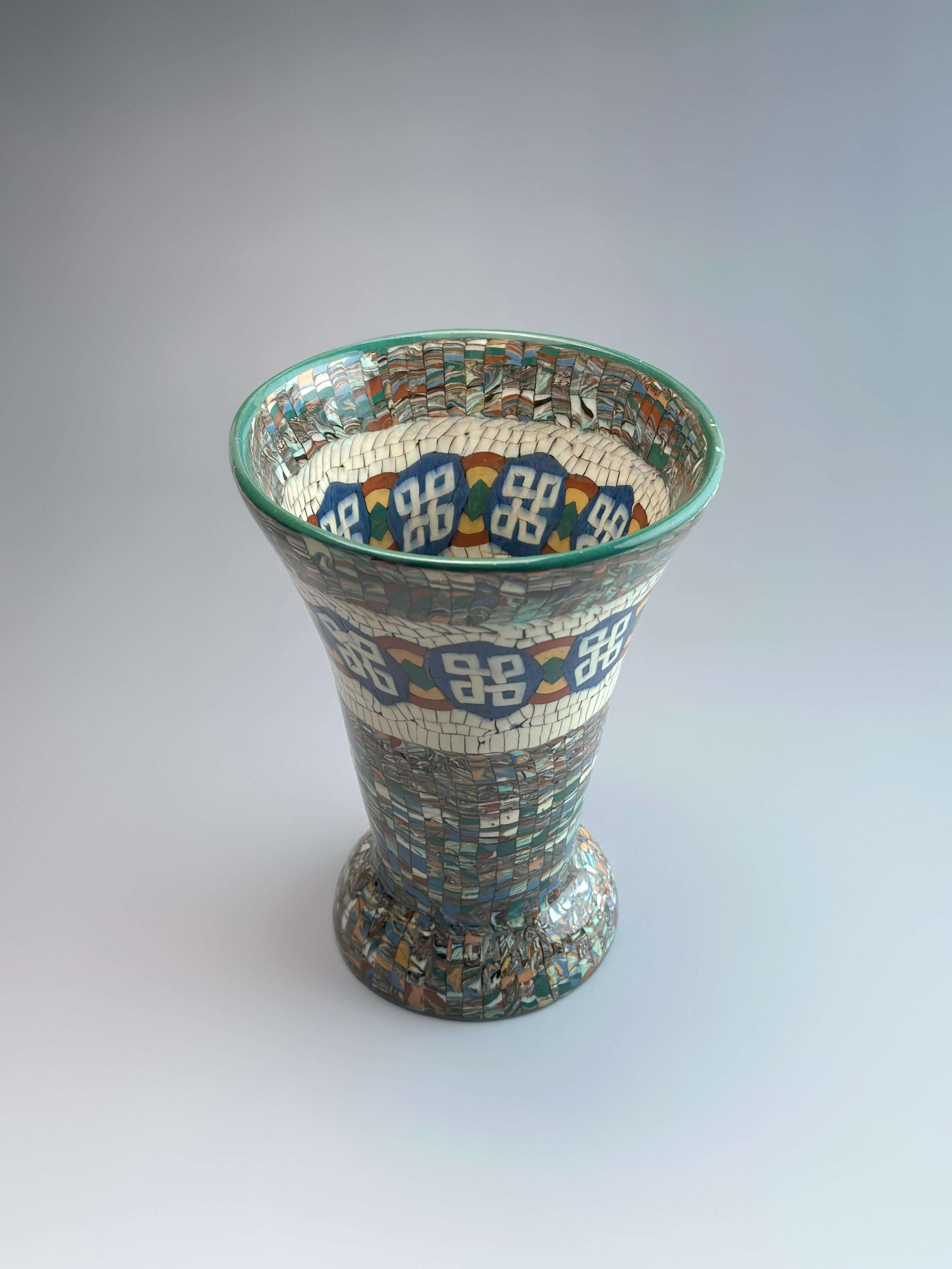 Jean Gerbino Art Deco Neriage Mosaic Trumpet Vase, Vallauris, France, 1930s (Art déco) im Angebot