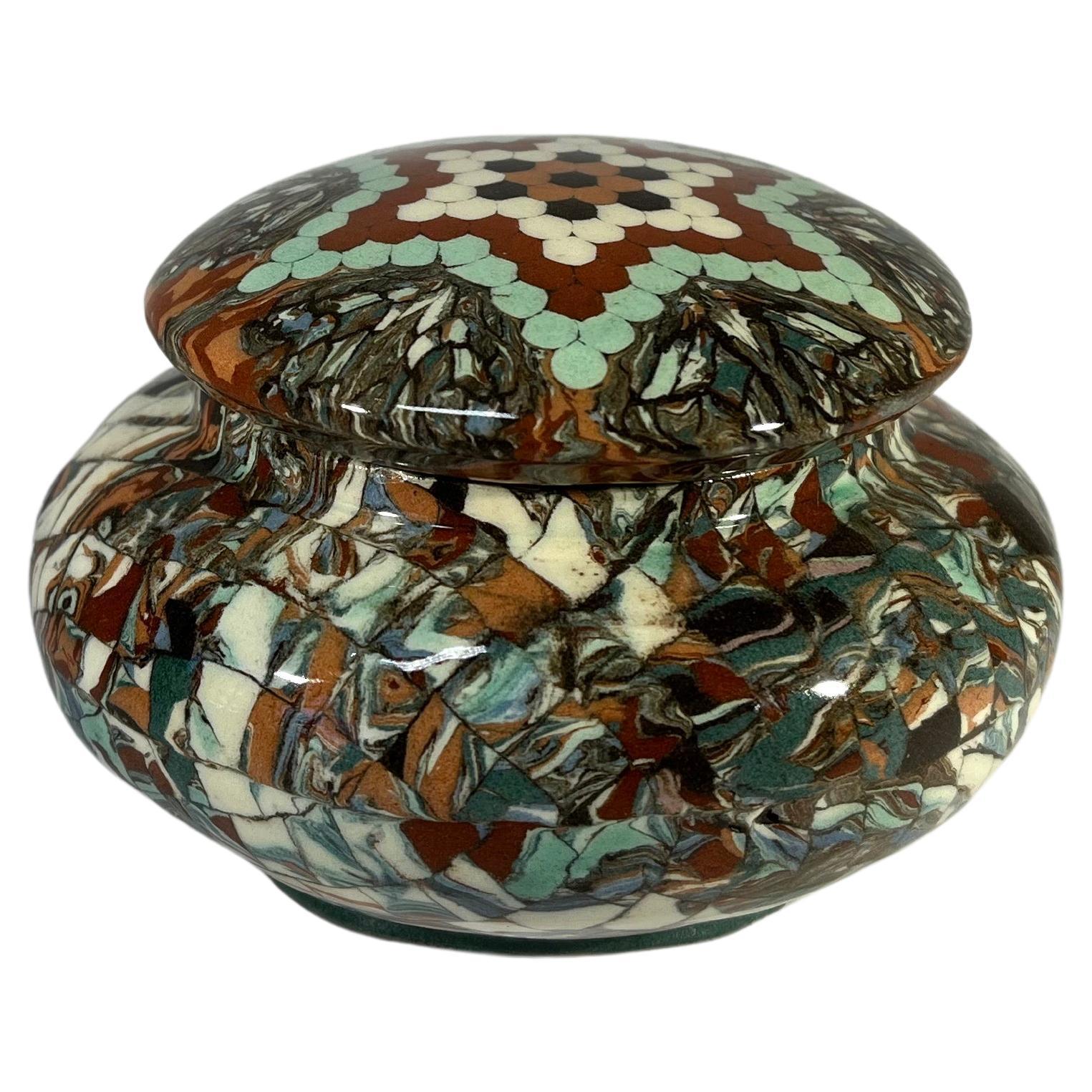 Jean Gerbino For Vallauris, France, Ceramic Glazed Sage Mosaic Lidded Pot 1960's For Sale