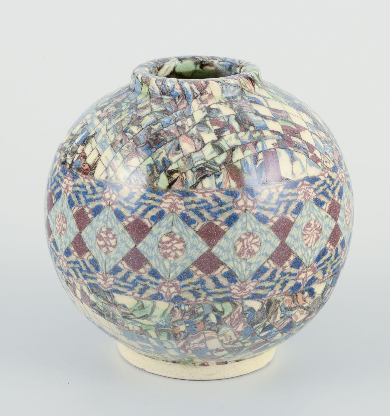 PRE-OWNED GOODS ARE EXEMPT FROM IMPORT TARIFFS FOR U.S., UK, AUSTRALIAN & CANADIAN CUSTOMERS.   
THEREFORE, NO IMPORT TARIFFS WILL BE APPLICABLE TO YOUR PURCHASE. 

Jean Gerbino for Vallauris, French ceramicist.
A pair of small round stoneware