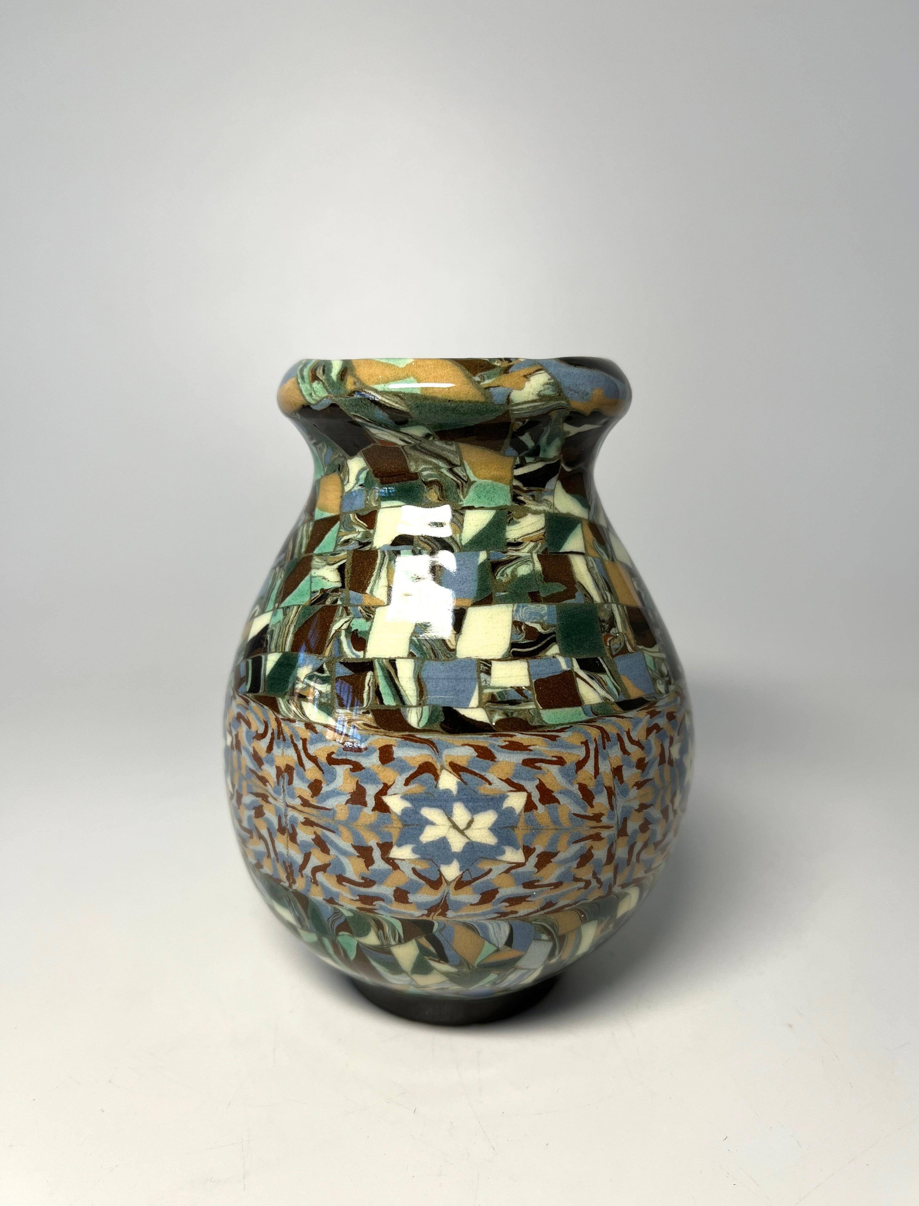 Glazed Jean Gerbino, Vallauris, France, Ceramic Mosaic Shaped Vase Snowflake Motif Vase For Sale