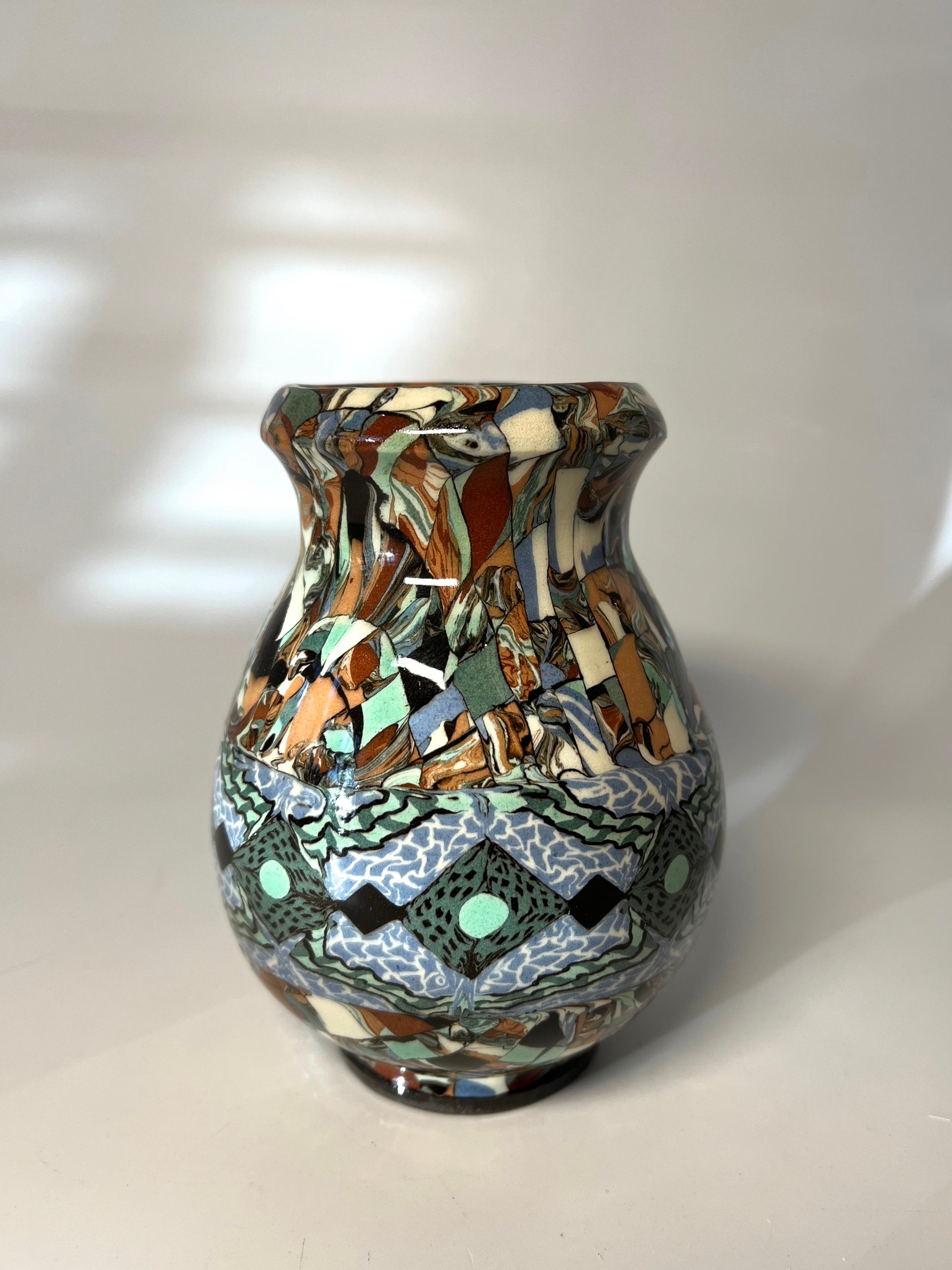 Mid-Century Modern Jean Gerbino, Vallauris, France, Ceramic Mosaic Vase Diamond Chain Motif For Sale