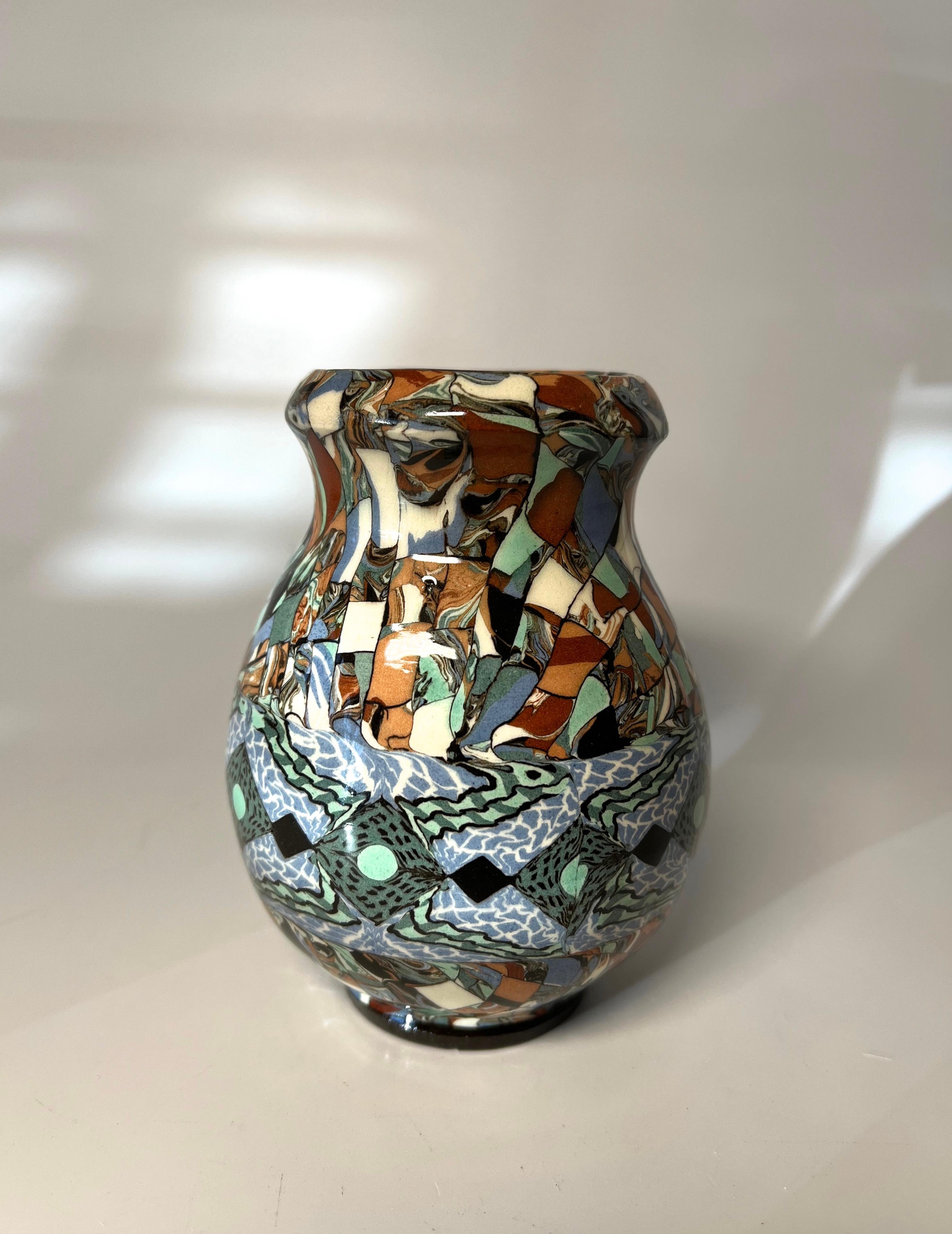 French Jean Gerbino, Vallauris, France, Ceramic Mosaic Vase Diamond Chain Motif For Sale