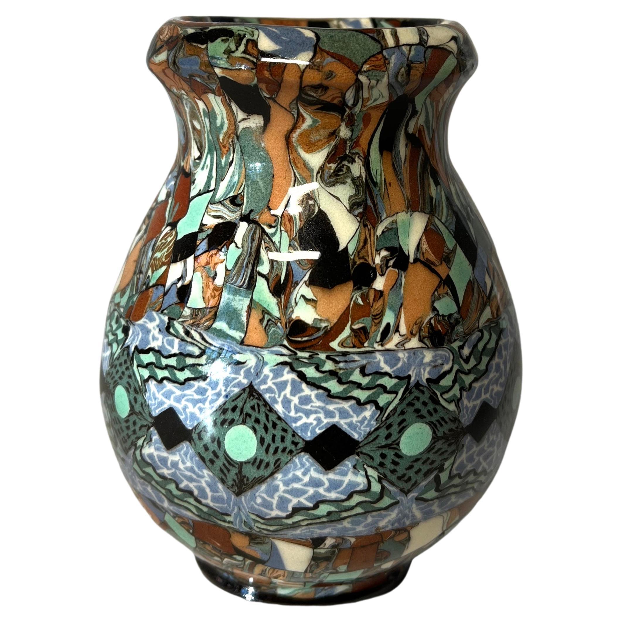Jean Gerbino, Vallauris, France, Ceramic Mosaic Vase Diamond Chain Motif For Sale