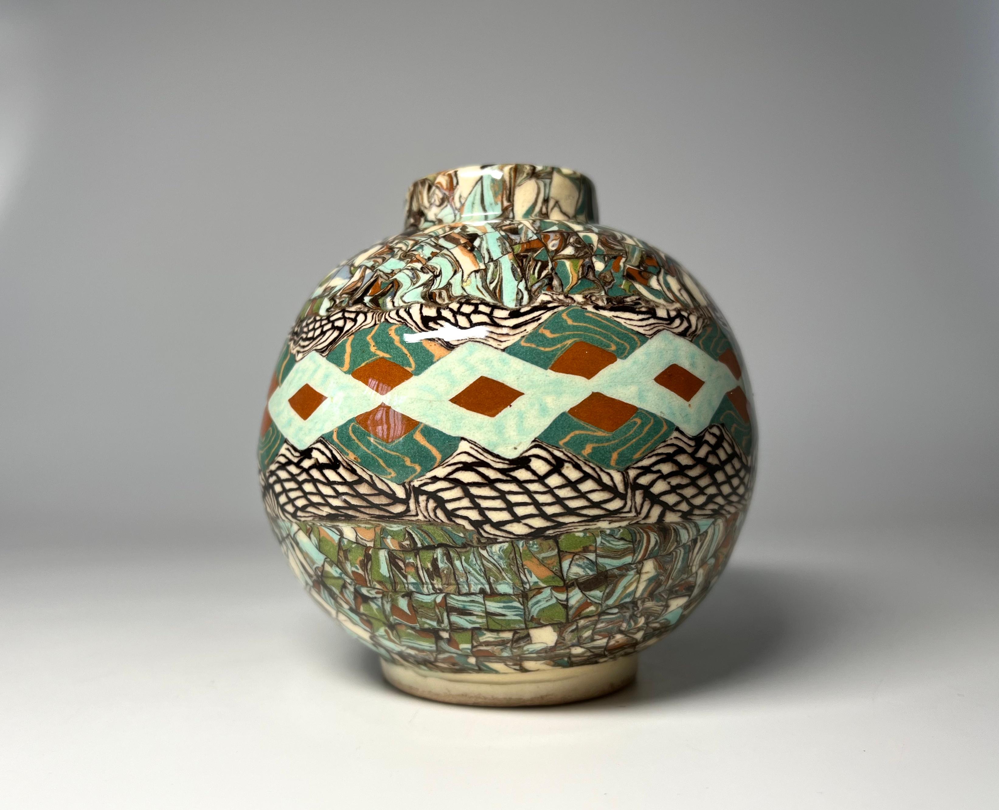 French Jean Gerbino, Vallauris, France, Ceramic Pale Green And Terracotta Mosaic Vase  For Sale
