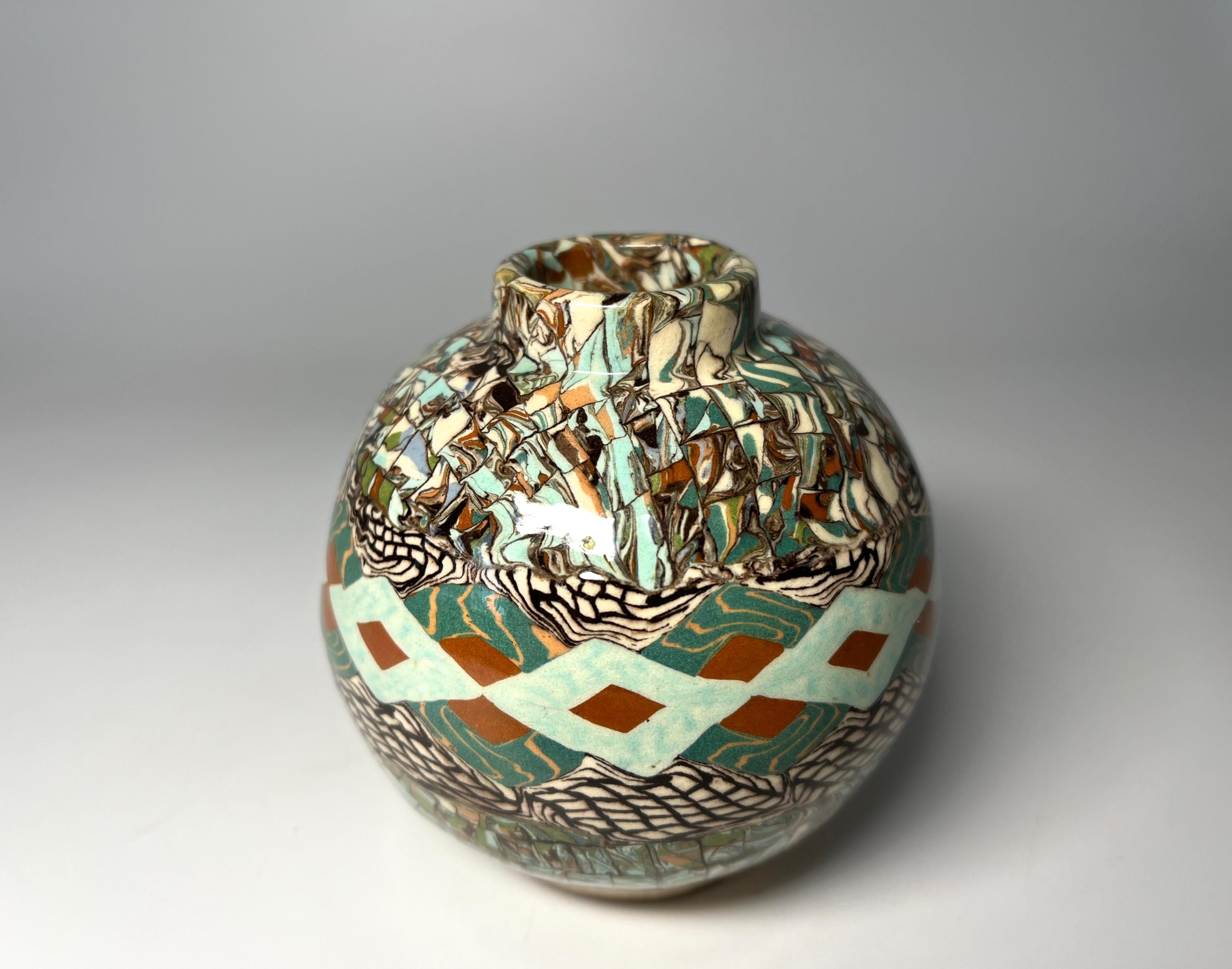 Glazed Jean Gerbino, Vallauris, France, Ceramic Pale Green And Terracotta Mosaic Vase  For Sale