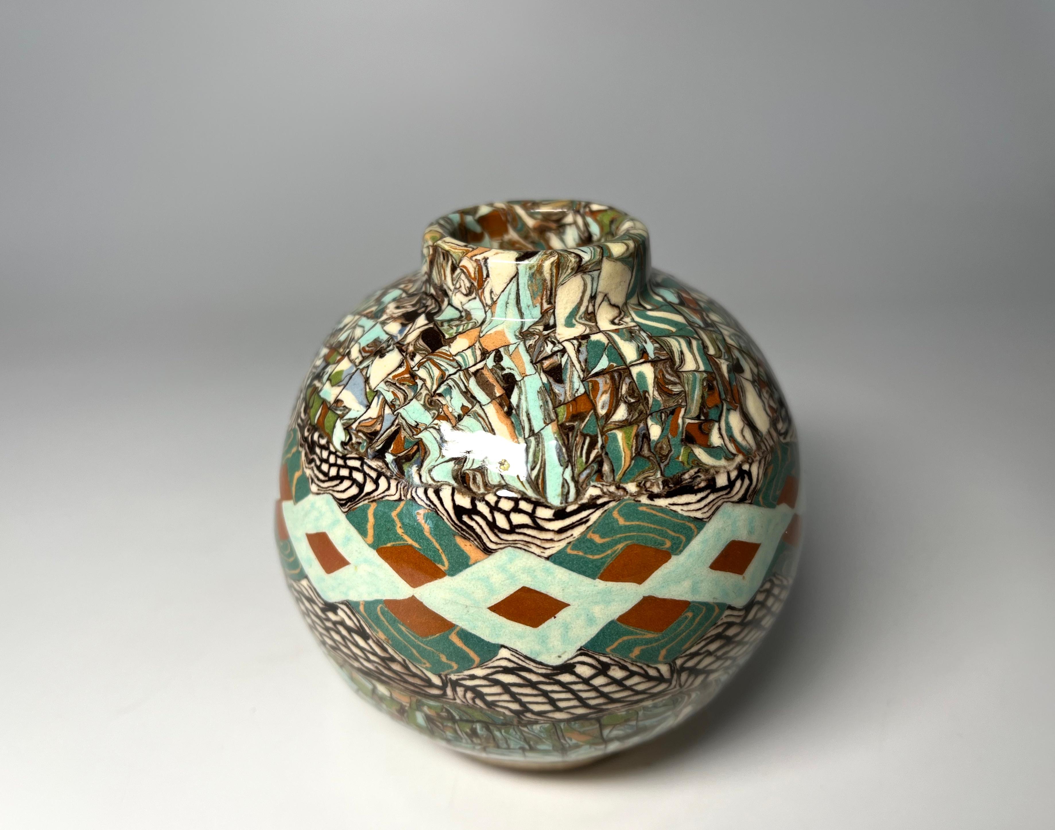 Glazed Jean Gerbino, Vallauris, France, Ceramic Pale Green And Terracotta Mosaic Vase For Sale