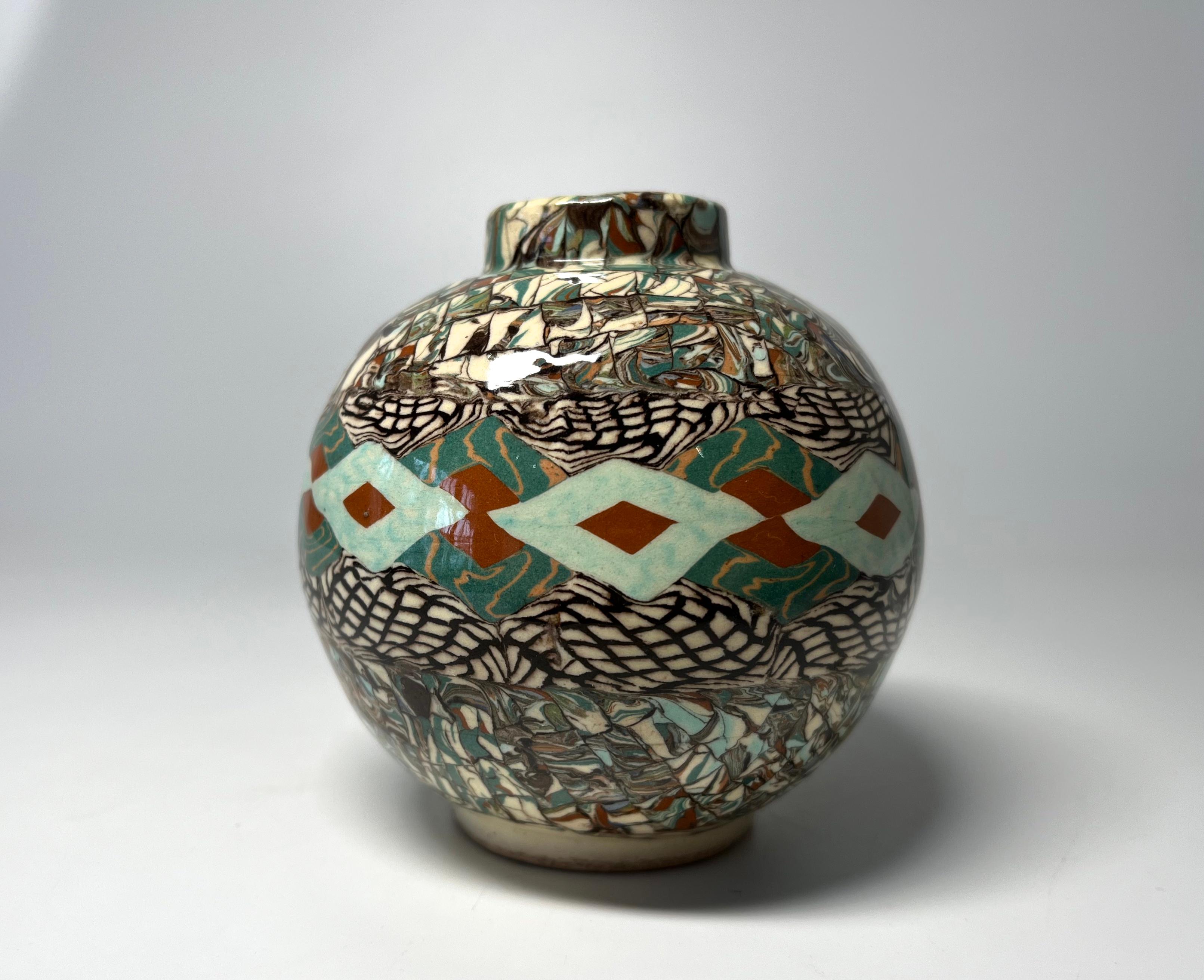 20th Century Jean Gerbino, Vallauris, France, Ceramic Pale Green And Terracotta Mosaic Vase For Sale