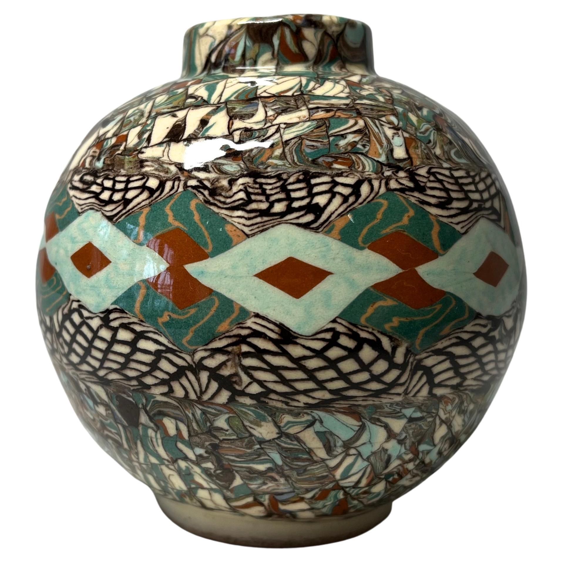 Jean Gerbino, Vallauris, France, Ceramic Pale Green And Terracotta Mosaic Vase 
