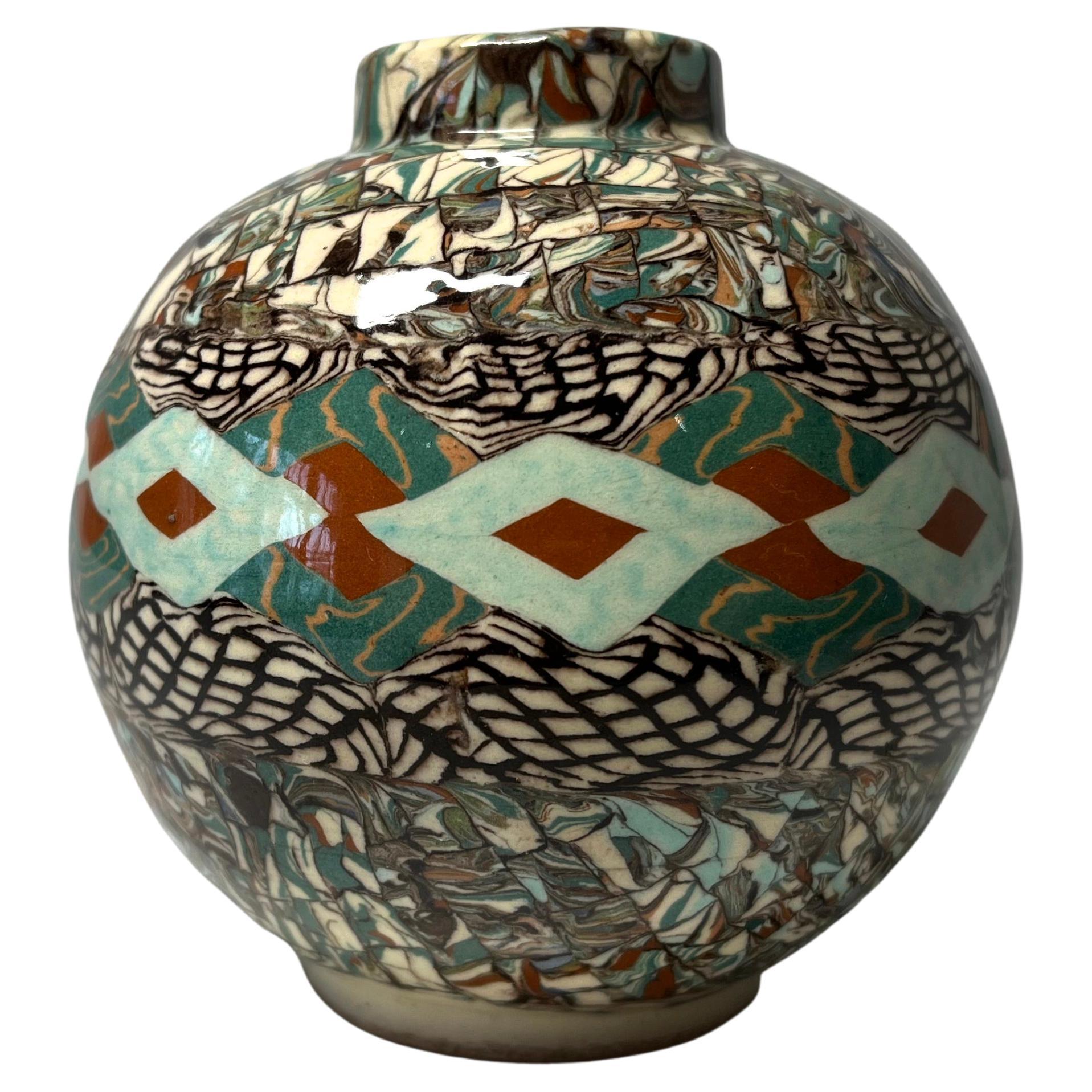 Jean Gerbino, Vallauris, France, Ceramic Pale Green And Terracotta Mosaic Vase