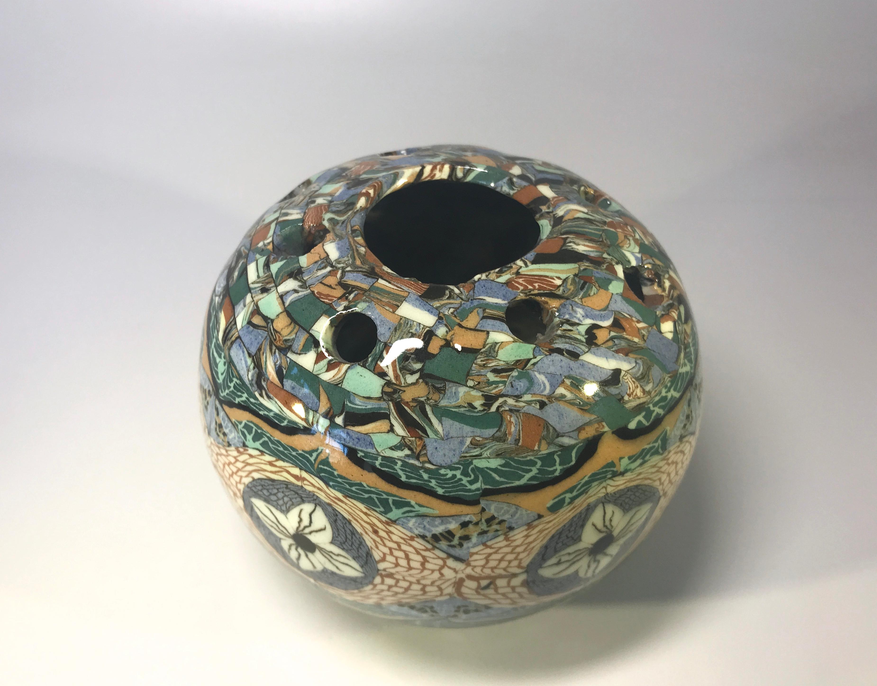 Mid-Century Modern Jean Gerbino Vallauris France, Glazed Teal Blue Mosaic Posy Potpourri Vase c1960