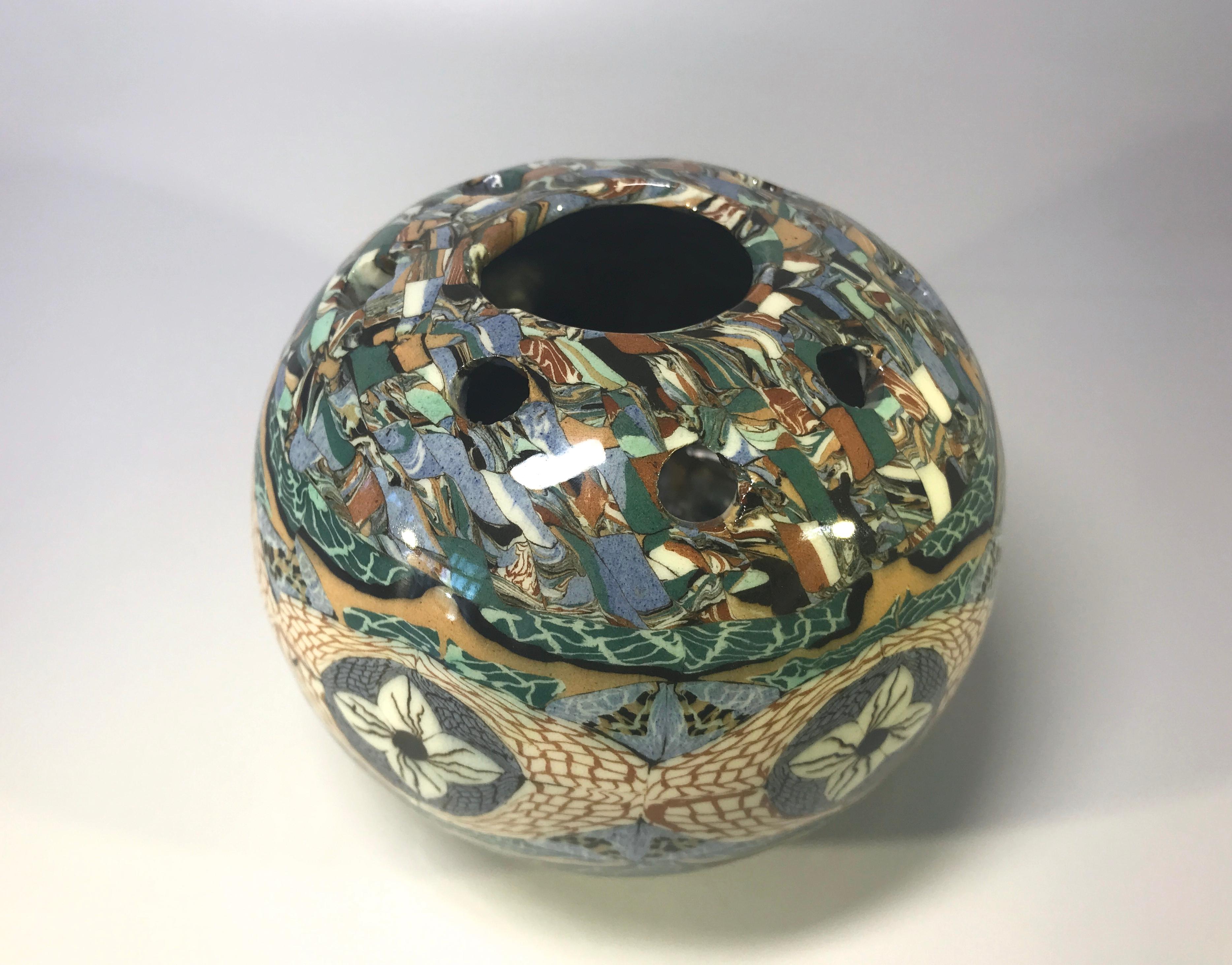 Jean Gerbino Vallauris France, Glazed Teal Blue Mosaic Posy Potpourri Vase c1960 In Good Condition In Rothley, Leicestershire