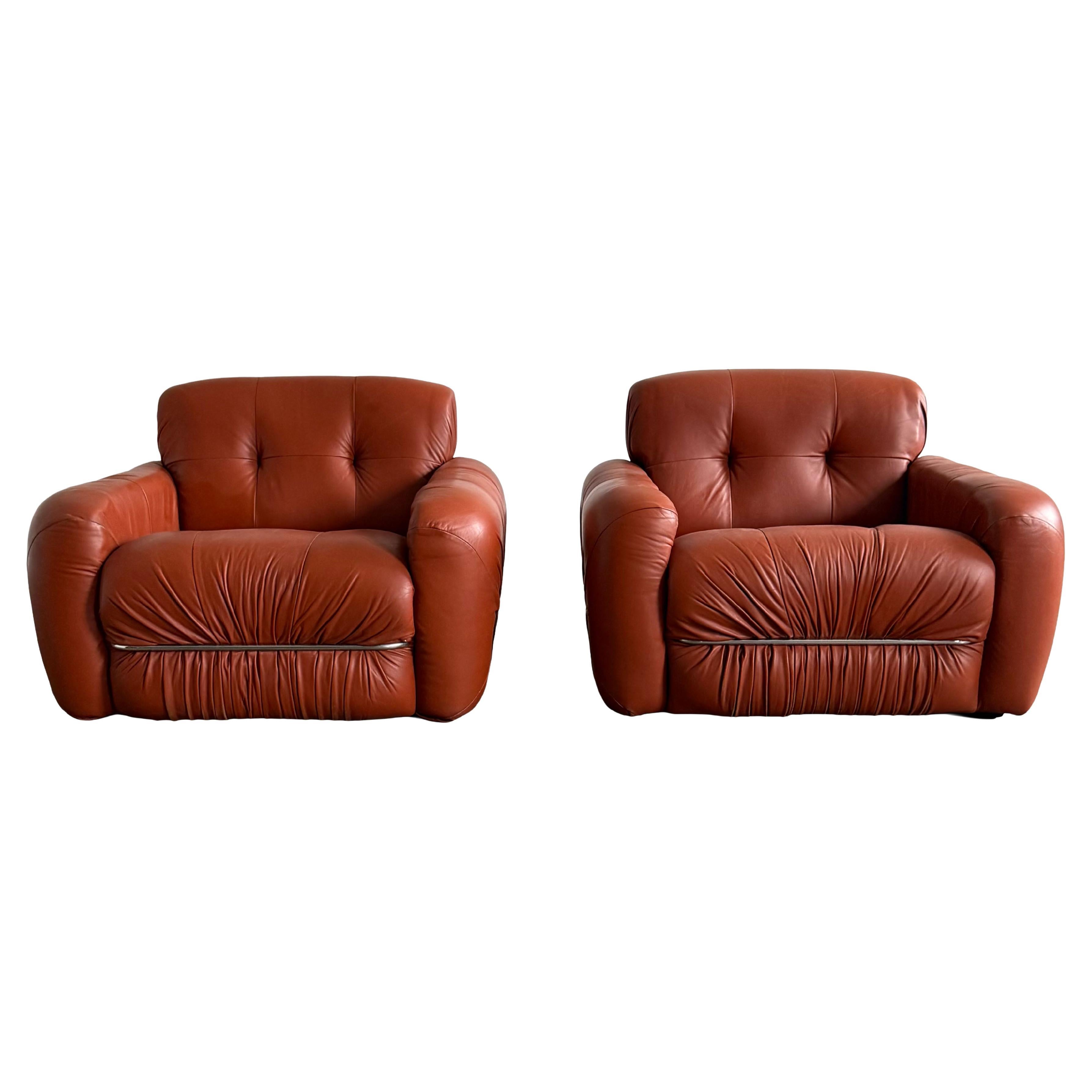 Jean Gillon Lounge Chairs in Terracotta Colored Leather for Probel, Brazil 1970s For Sale