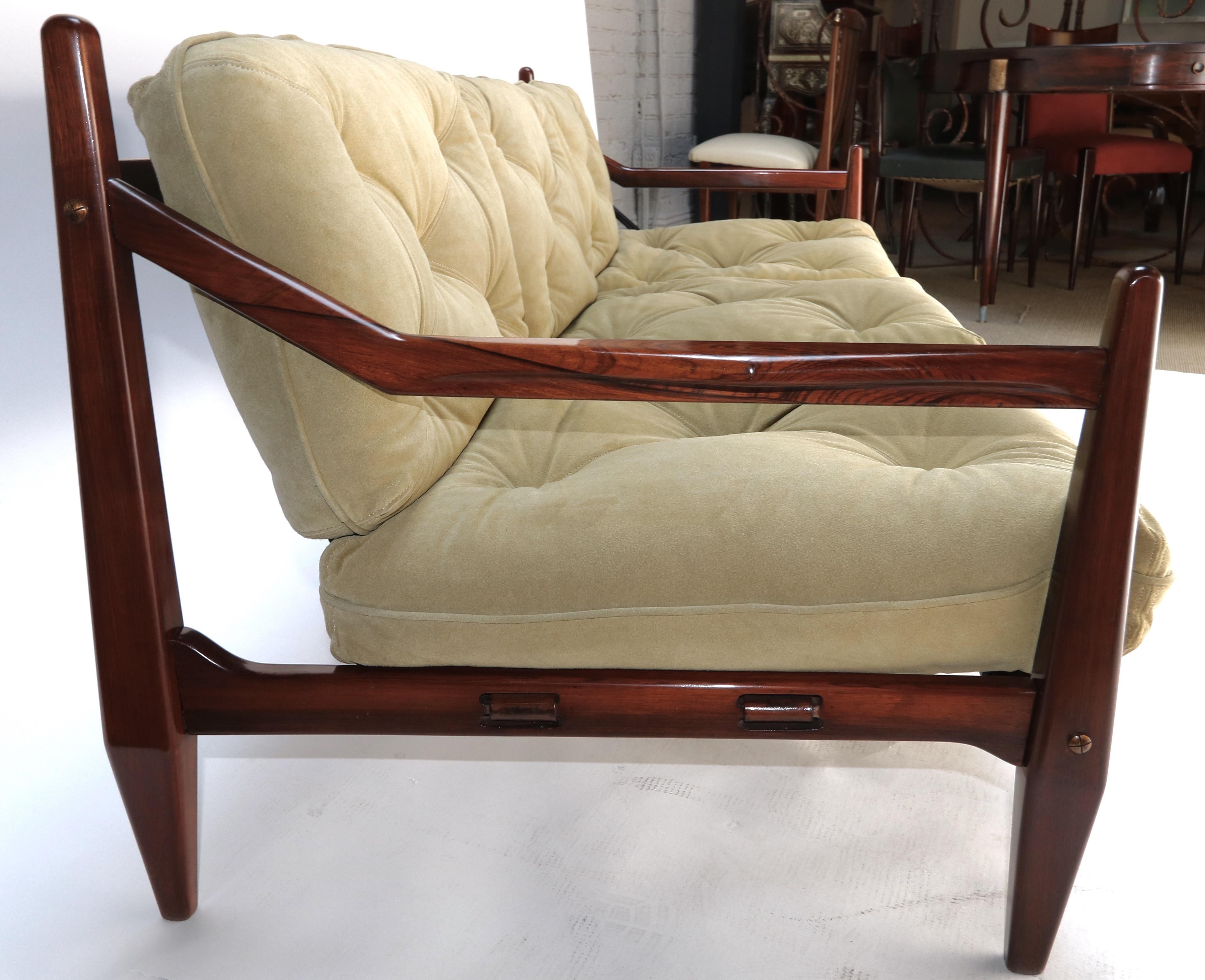 Mid-Century Modern Jean Gillon 1960s Brazilian Jacaranda Wood Three-Seat Sofa in Tan Suede For Sale