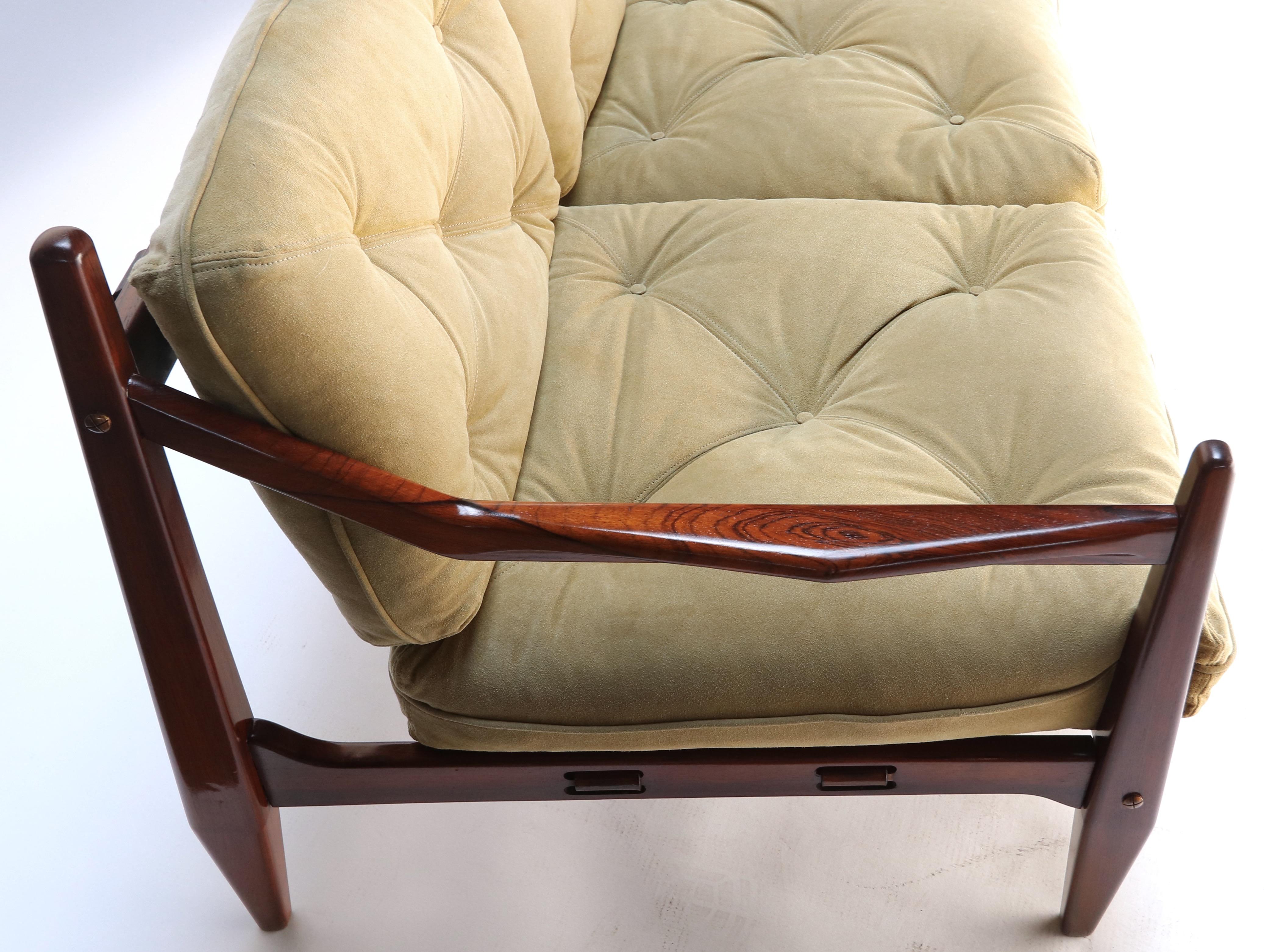 Mid-20th Century Jean Gillon 1960s Brazilian Jacaranda Wood Three-Seat Sofa in Tan Suede For Sale