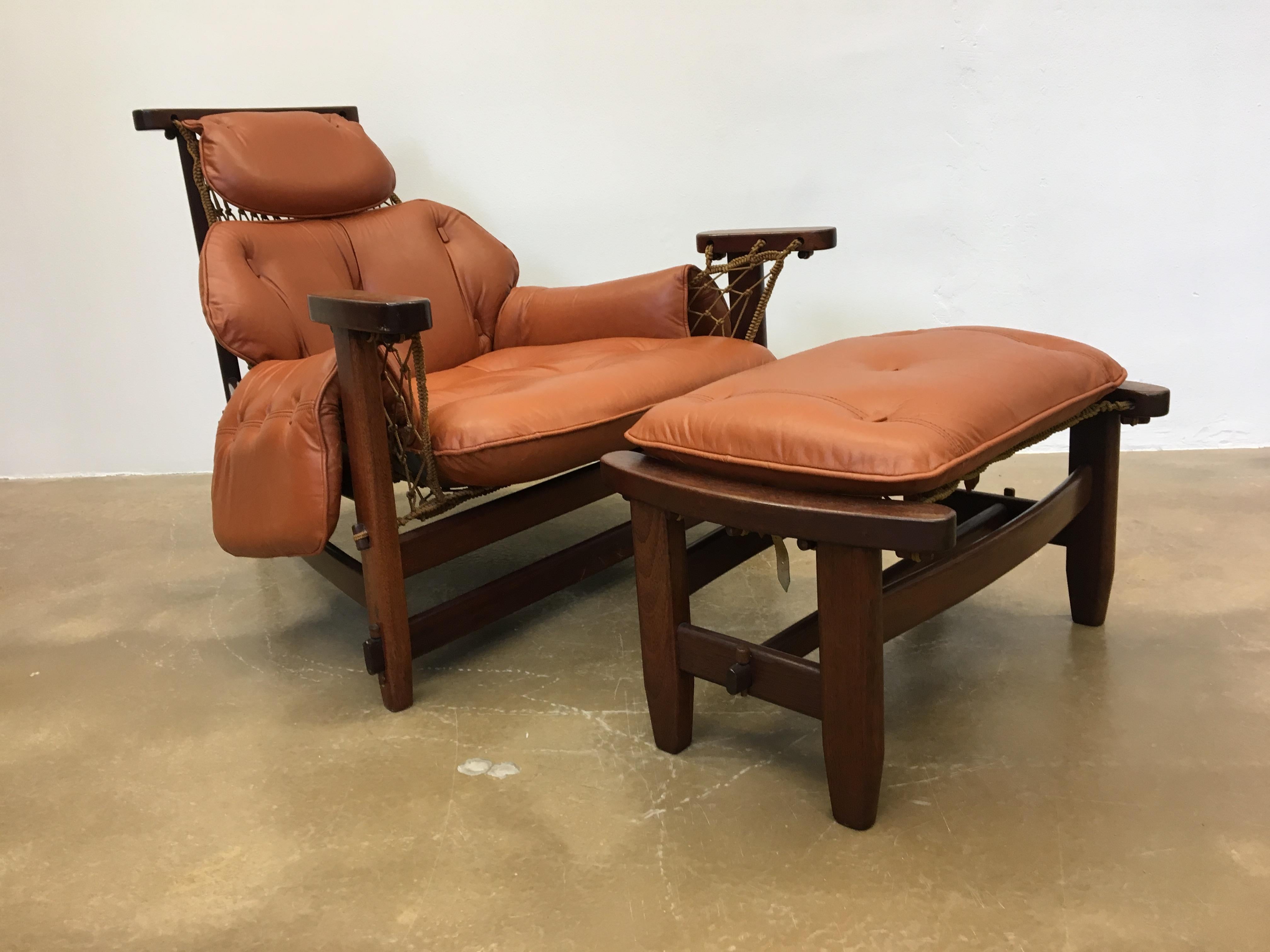 Jean Gillon 1960s Gran Captain Leather and Mahogany Armchair and Ottoman 11