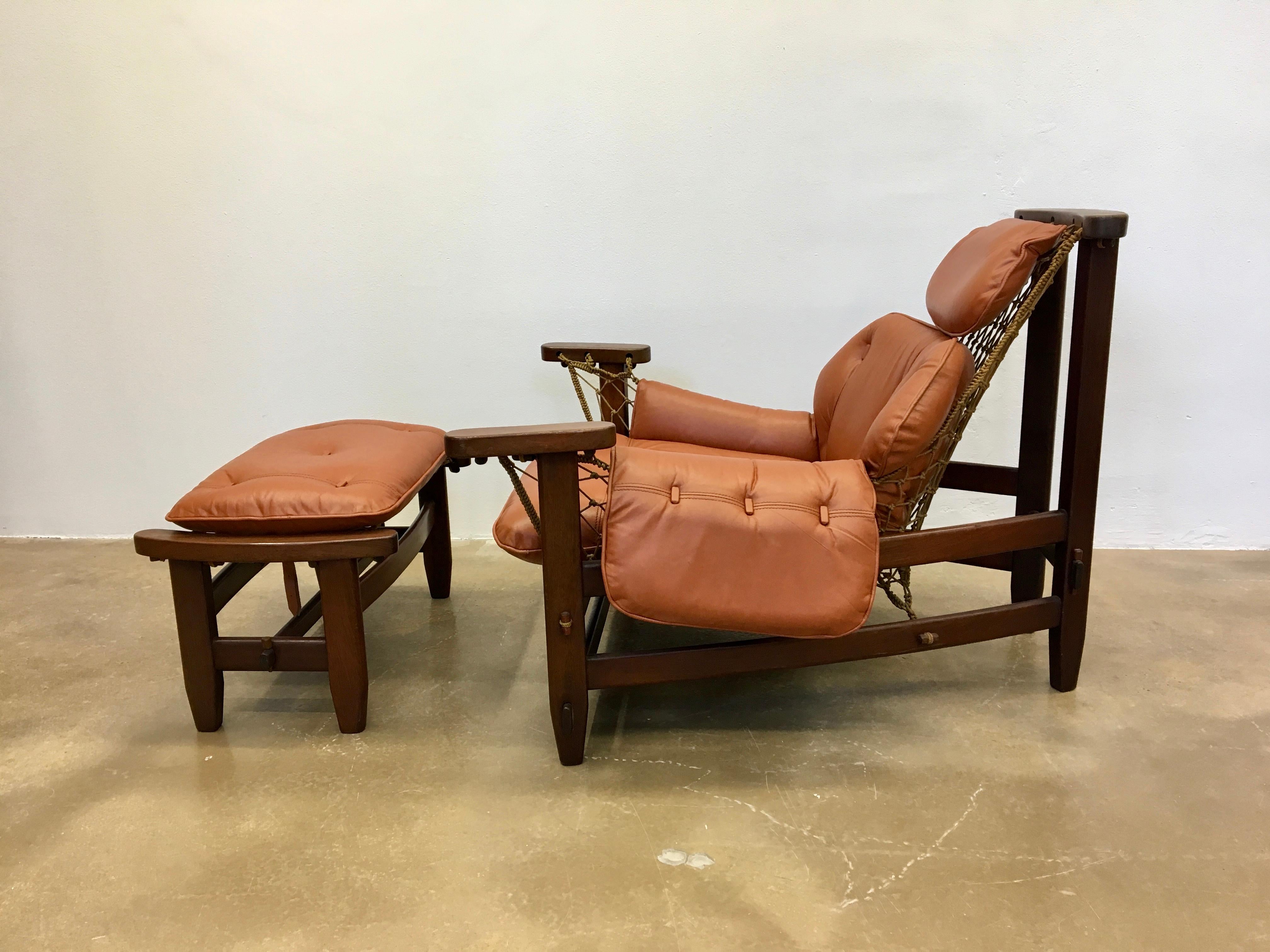 Jean Gillon 1960s Gran Captain Leather and Mahogany Armchair and Ottoman In Good Condition In Berlin, DE