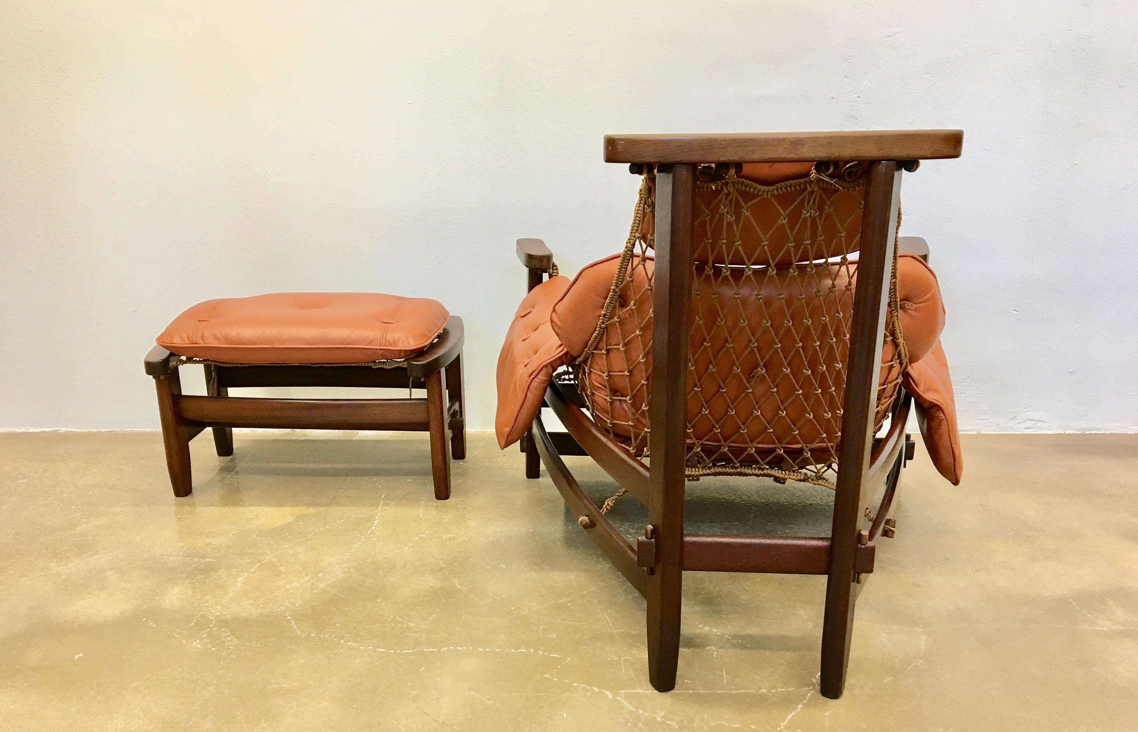 Jean Gillon 1960s Gran Captain Leather and Mahogany Armchair and Ottoman 1