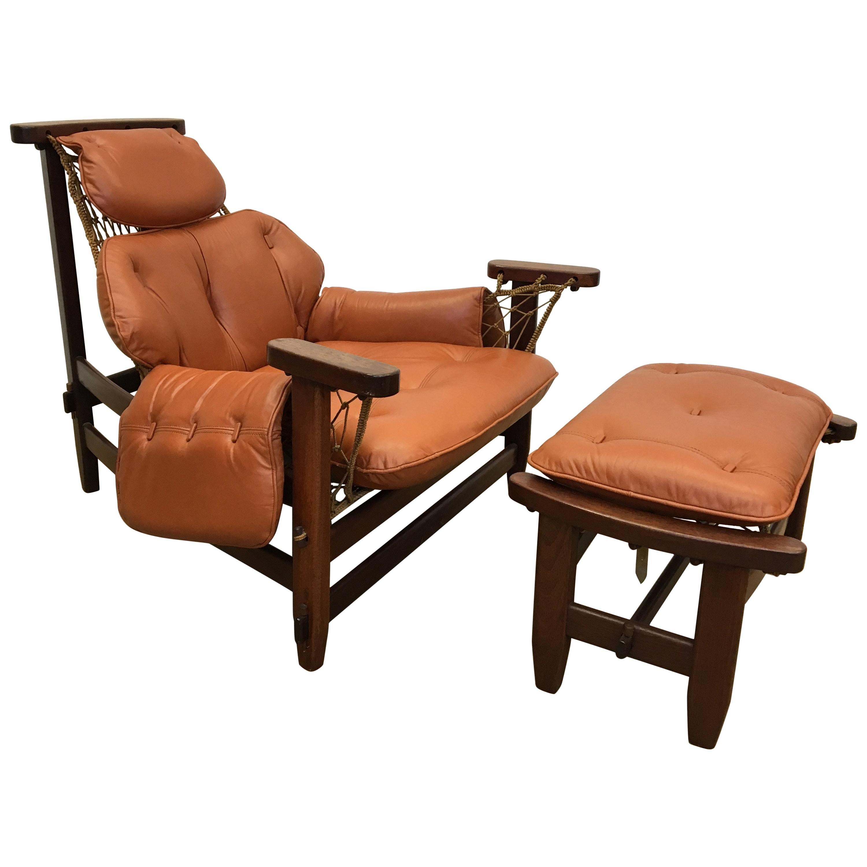 Jean Gillon 1960s Gran Captain Leather and Mahogany Armchair and Ottoman