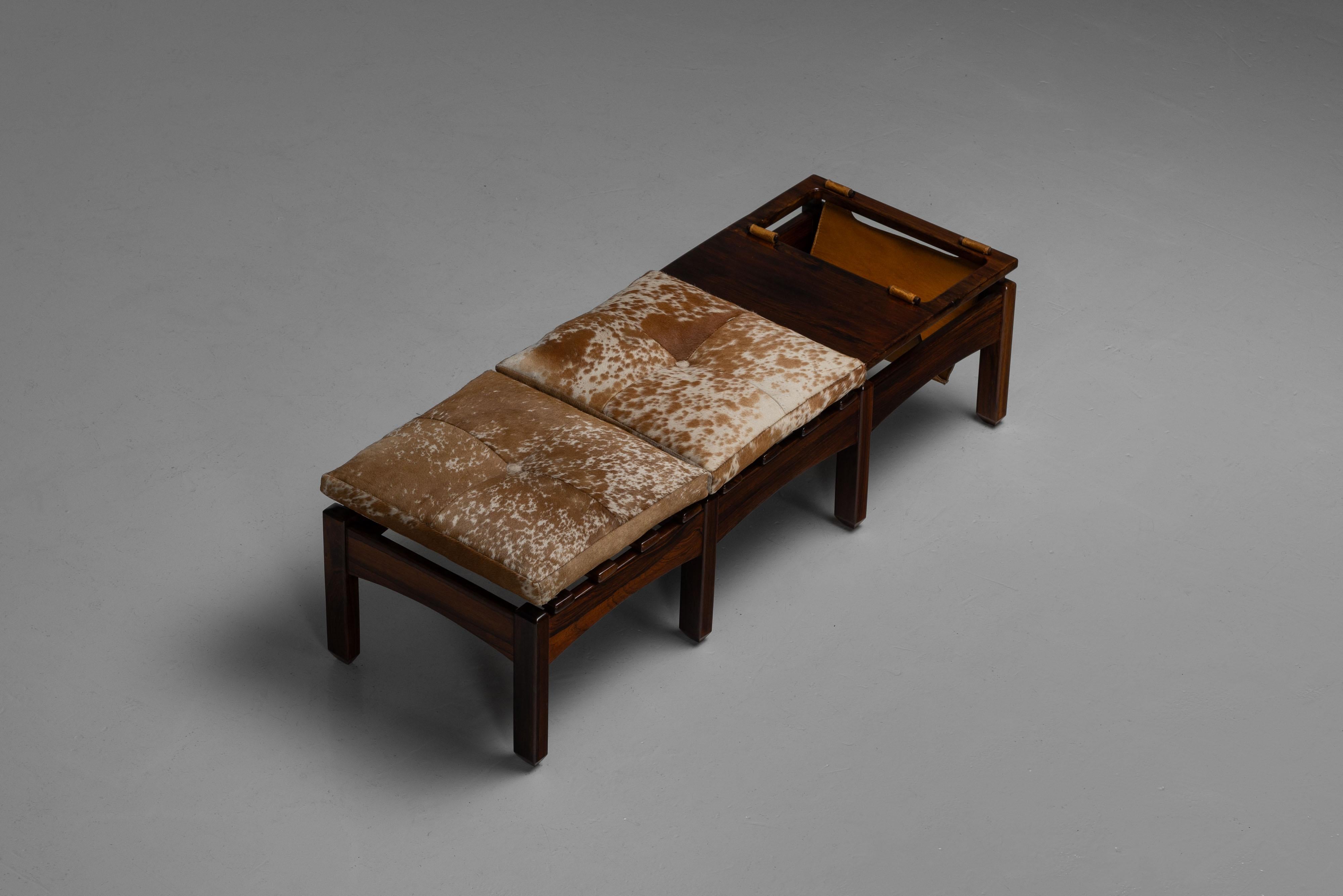Cowhide Jean Gillon bench with magazine rack Italma Brazil 1965 For Sale