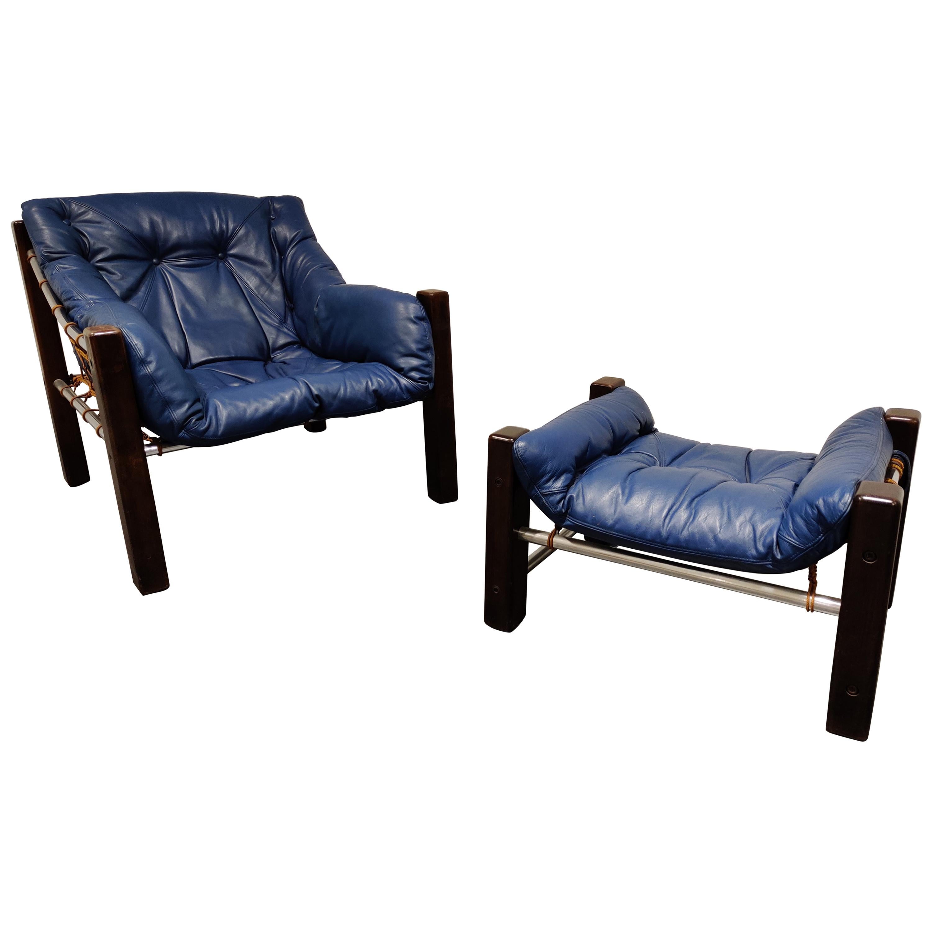 Jean Gillon Blue Leather Captain Chair with Ottoman, 1960s