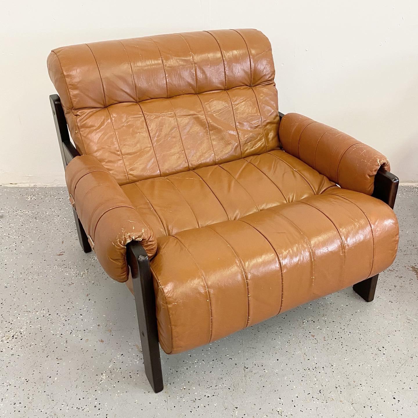 Leather Jean Gillon Brazilian Modern Lounge Chairs, a Pair