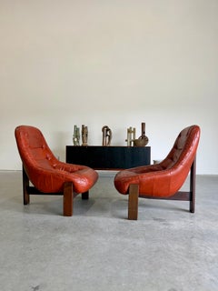Jean Gillon Brazilian Modernist Leather Lounge Chair Pair with Ottoman c.1970's