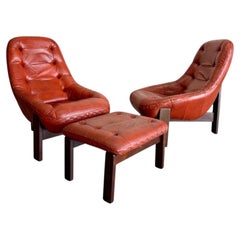 Jean Gillon Brazilian Modernist Leather Lounge Chair Pair with Ottoman c.1970's