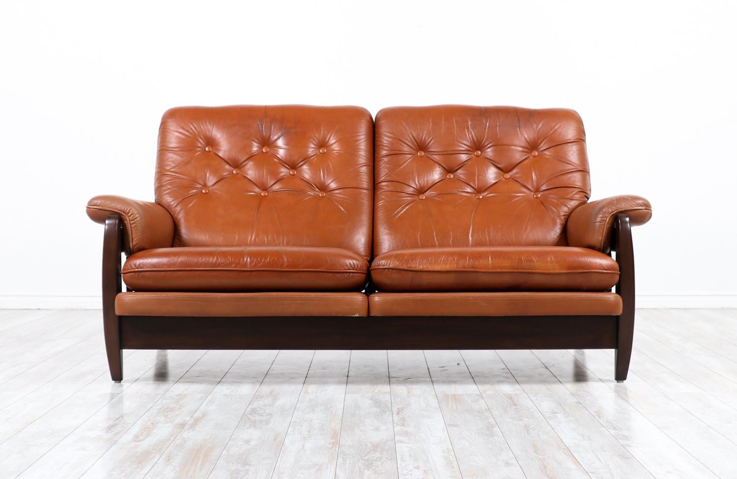 Mid-Century Modern Jean Gillon Distress Cognac Leather Sofa for Italma Wood Art
