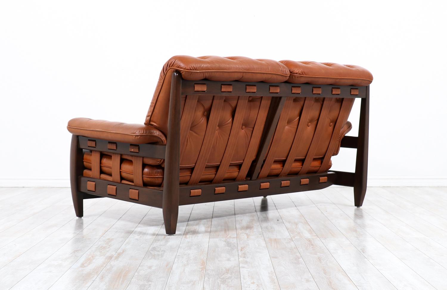 Brazilian Jean Gillon Distress Cognac Leather Sofa for Italma Wood Art