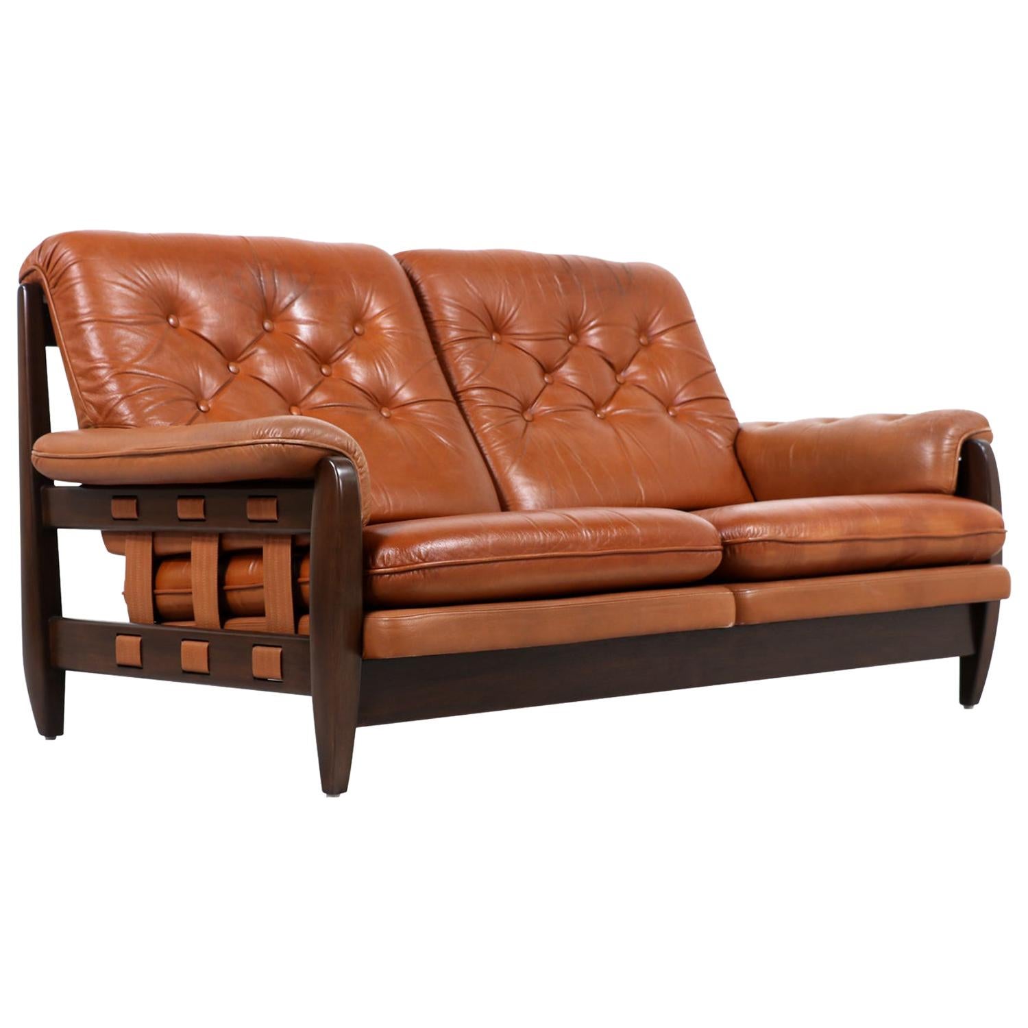 Jean Gillon Distress Cognac Leather Sofa for Italma Wood Art