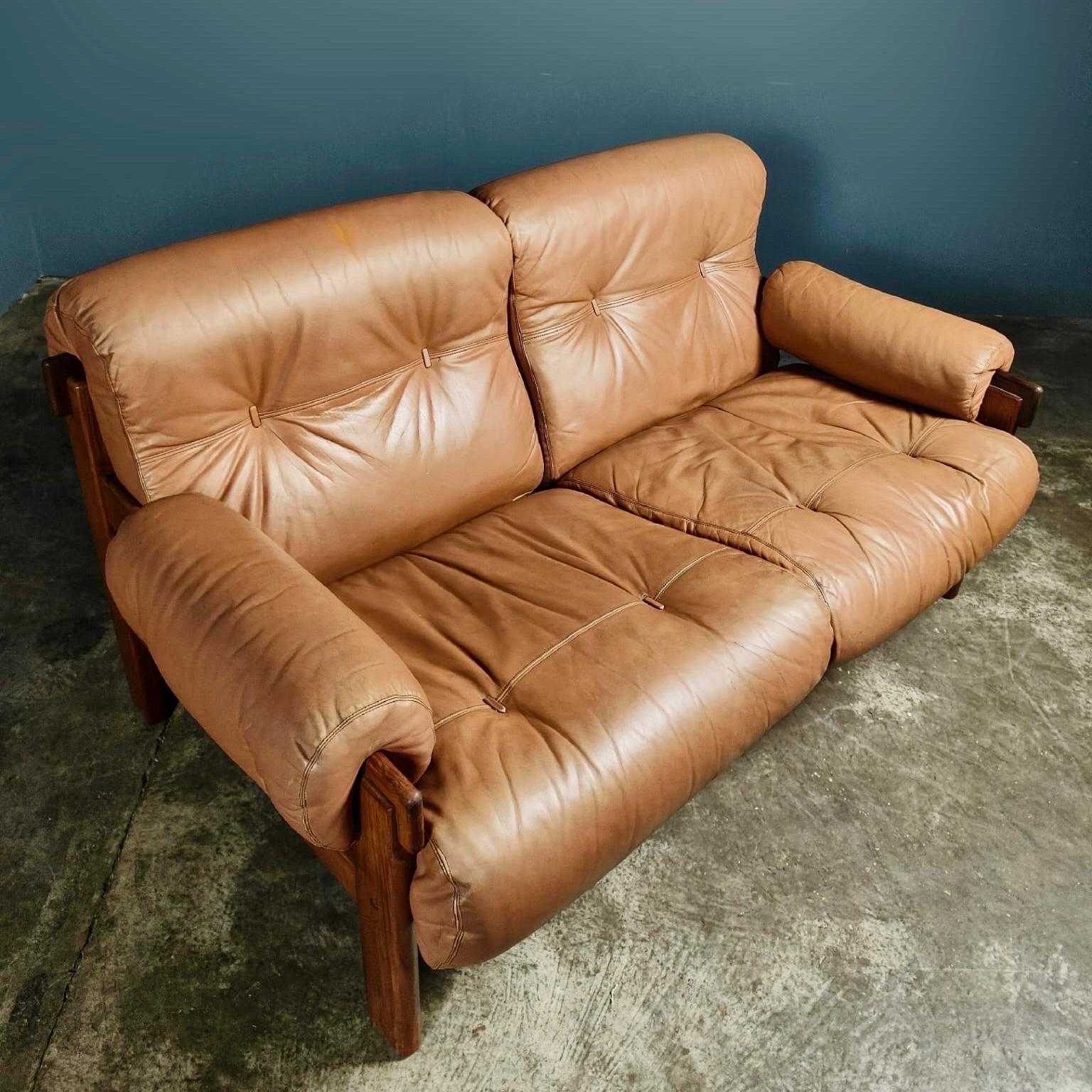 Mid-Century Modern Jean Gillon For Italma Brown Leather Two Seater Sofa Brazilian Mid Century