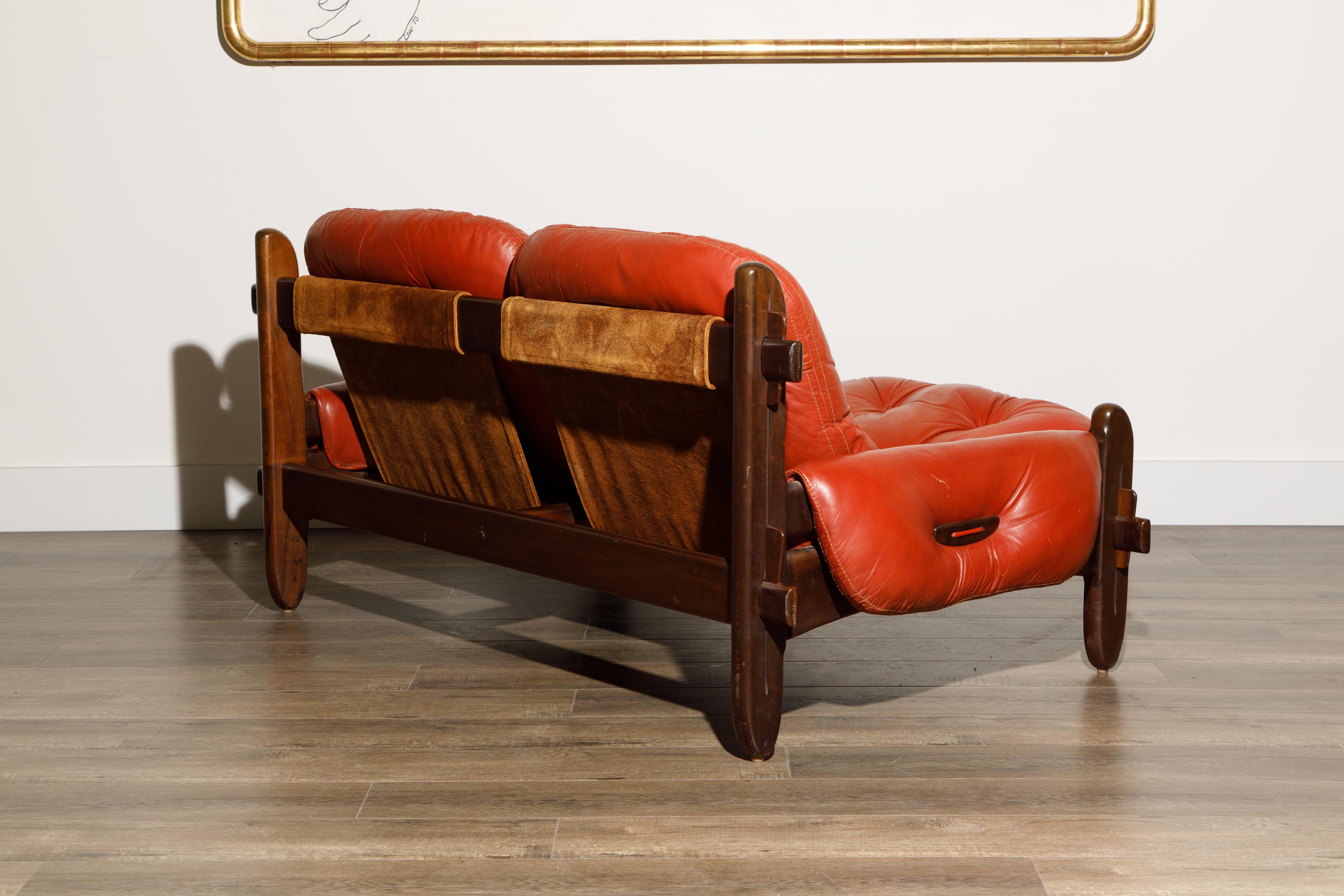 Jean Gillon for Probel Leather and Brazilian Jacaranda Settee, 1960s, Signed In Good Condition In Los Angeles, CA