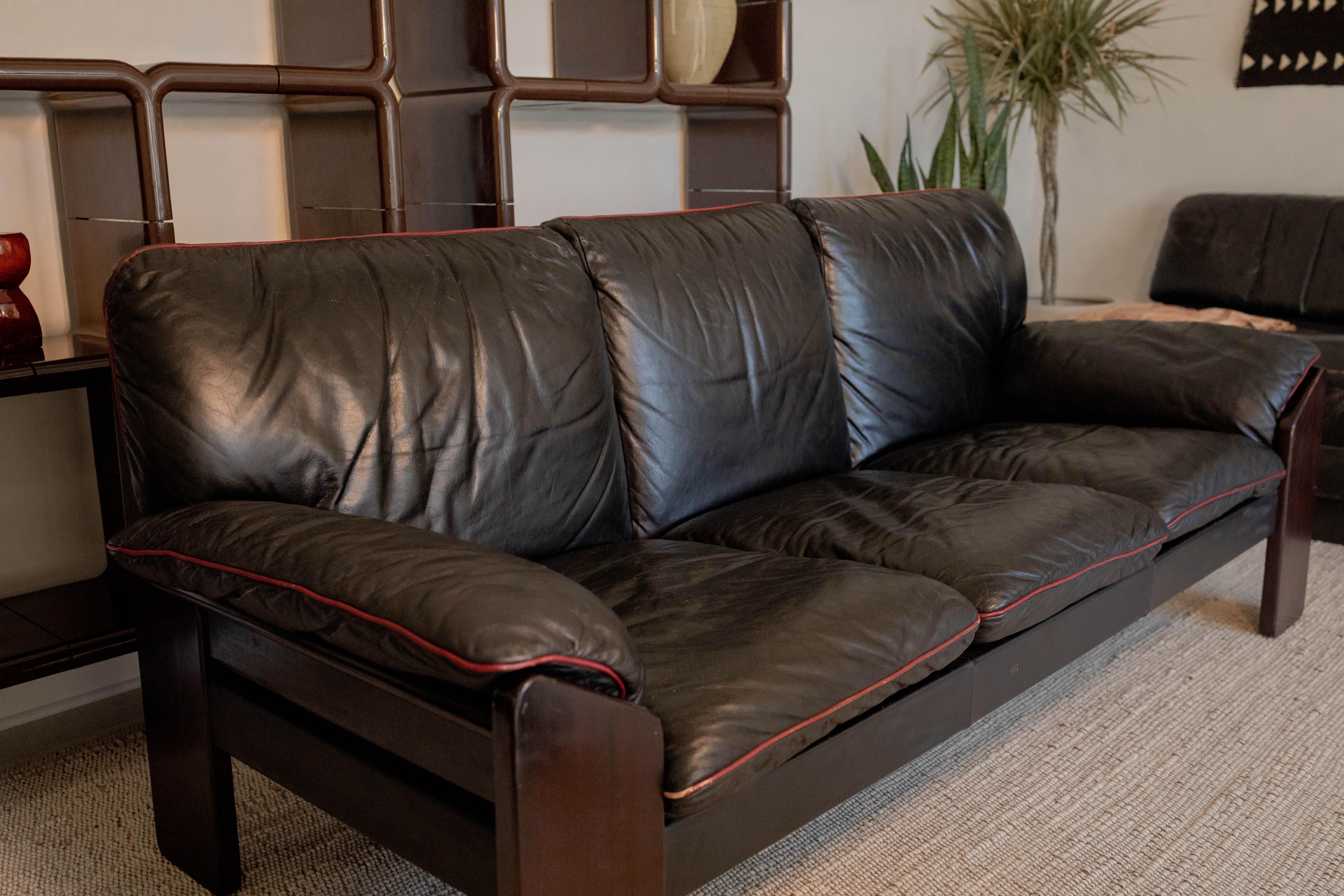 Mid-Century Modern Jean Gillon for Probel Leather and Brazilian Rosewood Sofa, c. 1970, Signed
