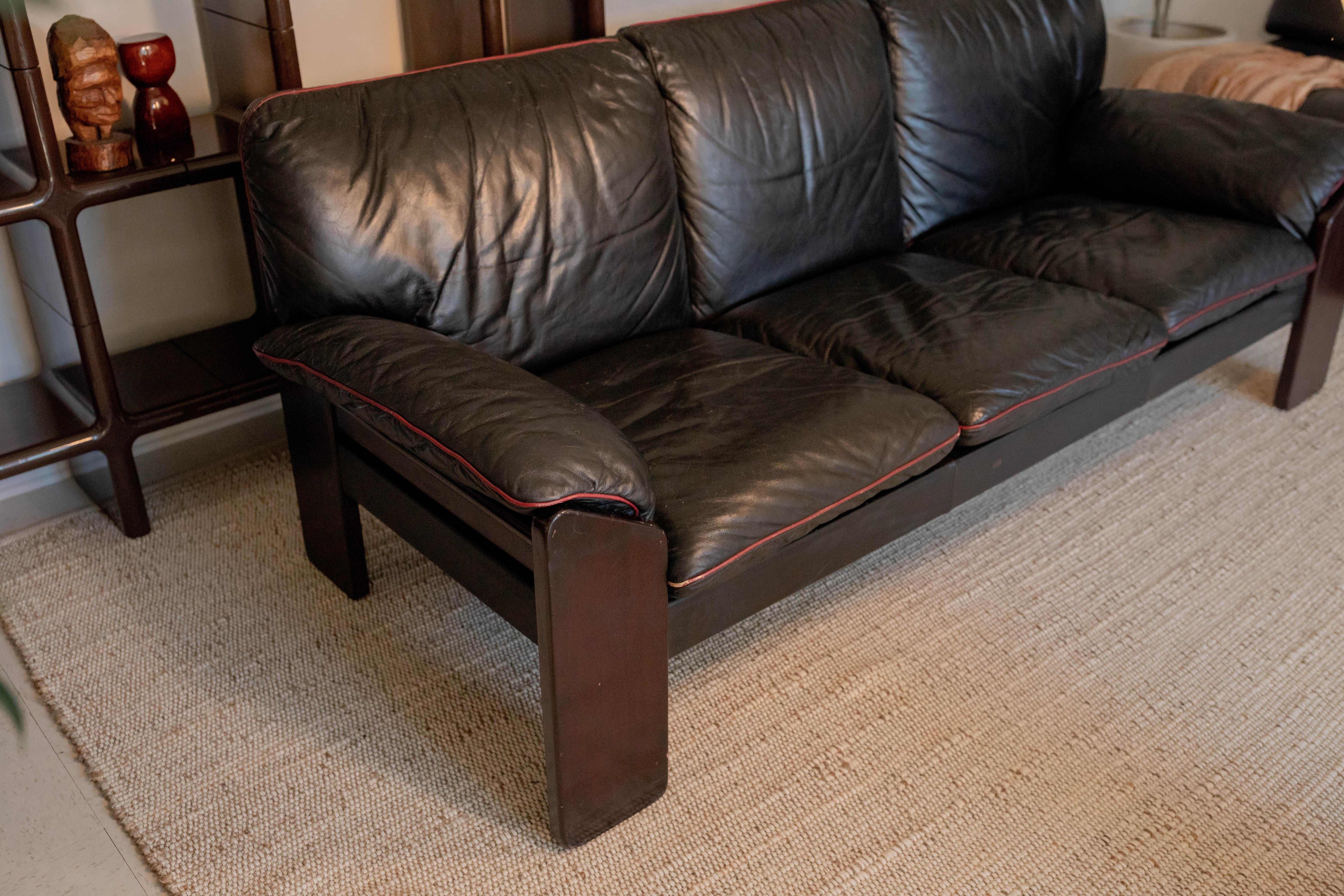 Jean Gillon for Probel Leather and Brazilian Rosewood Sofa, c. 1970, Signed In Good Condition In Los Angeles, CA