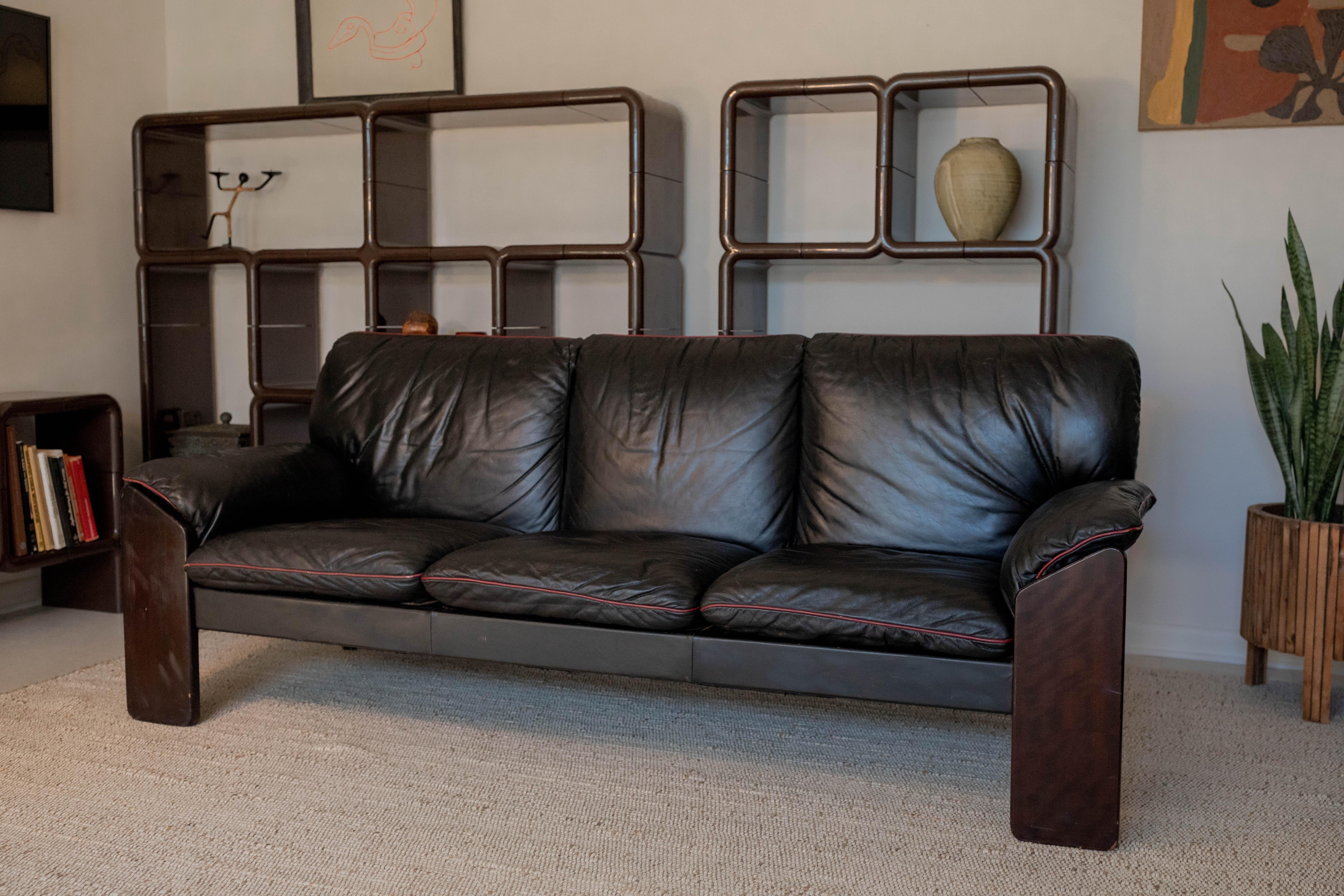 Late 20th Century Jean Gillon for Probel Leather and Brazilian Rosewood Sofa, c. 1970, Signed