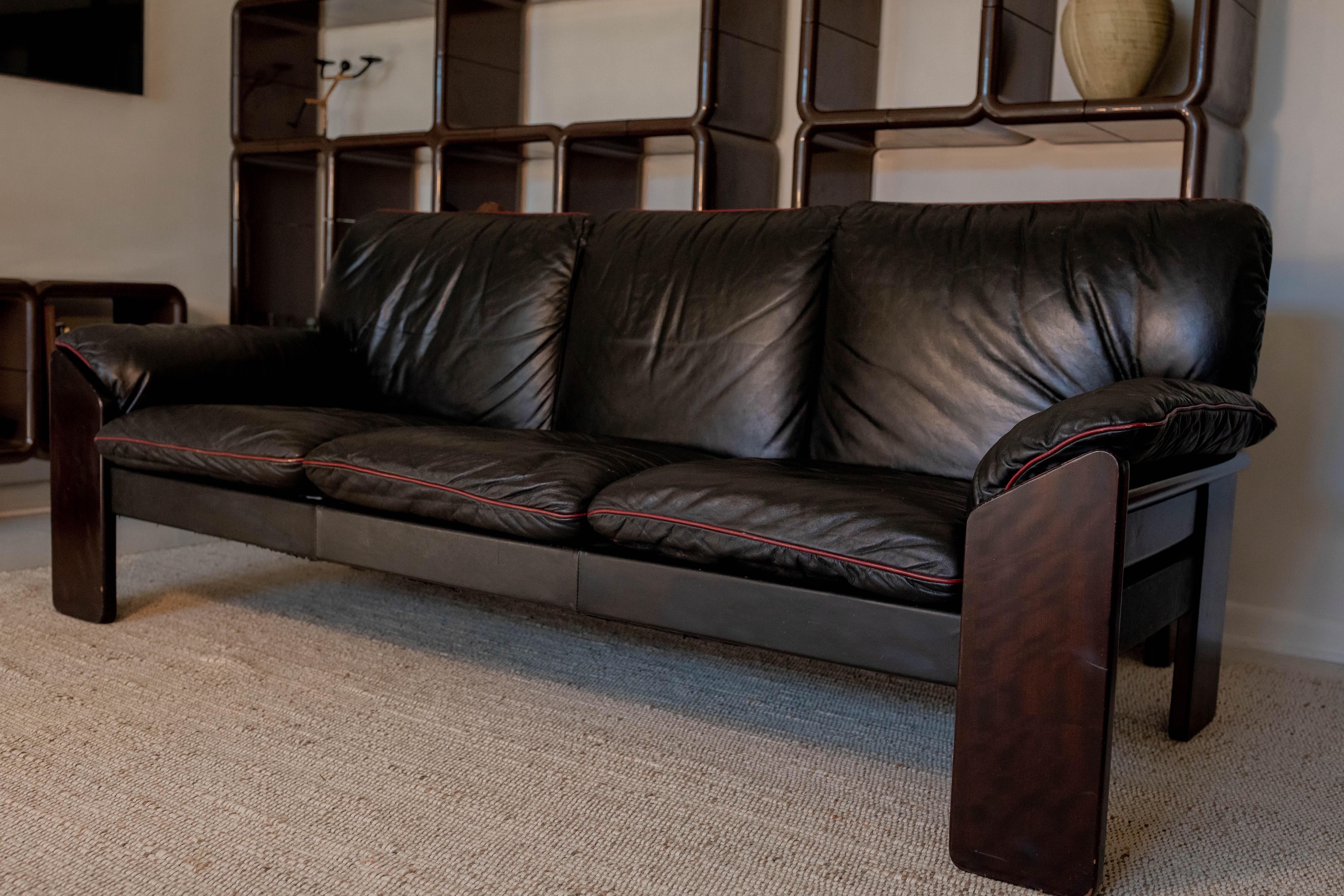 Jean Gillon for Probel Leather and Brazilian Rosewood Sofa, c. 1970, Signed 1