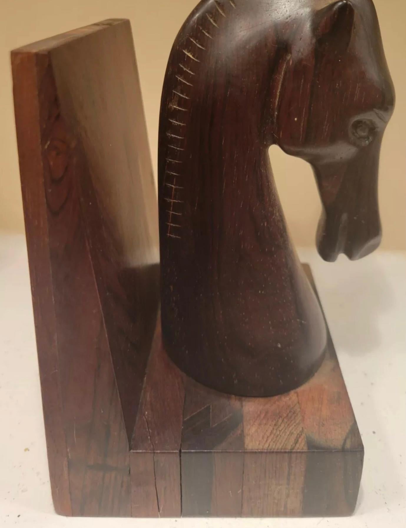 Brazilian Jean Gillon Jacaranda Equine Sculptural Bookend Pair, Labelled, Brazil, 1960s For Sale