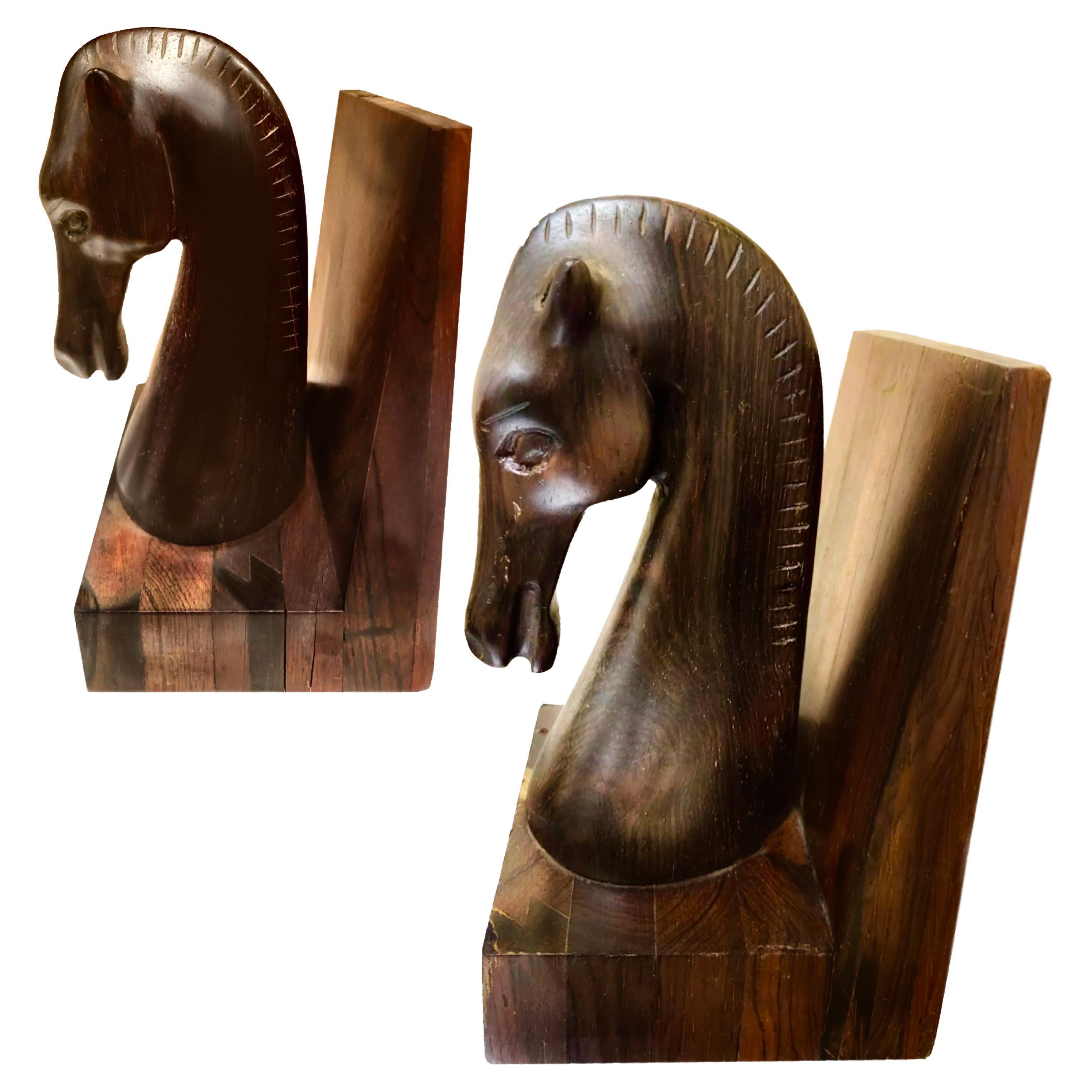 Jean Gillon Jacaranda Equine Sculptural Bookend Pair, Labelled, Brazil, 1960s For Sale
